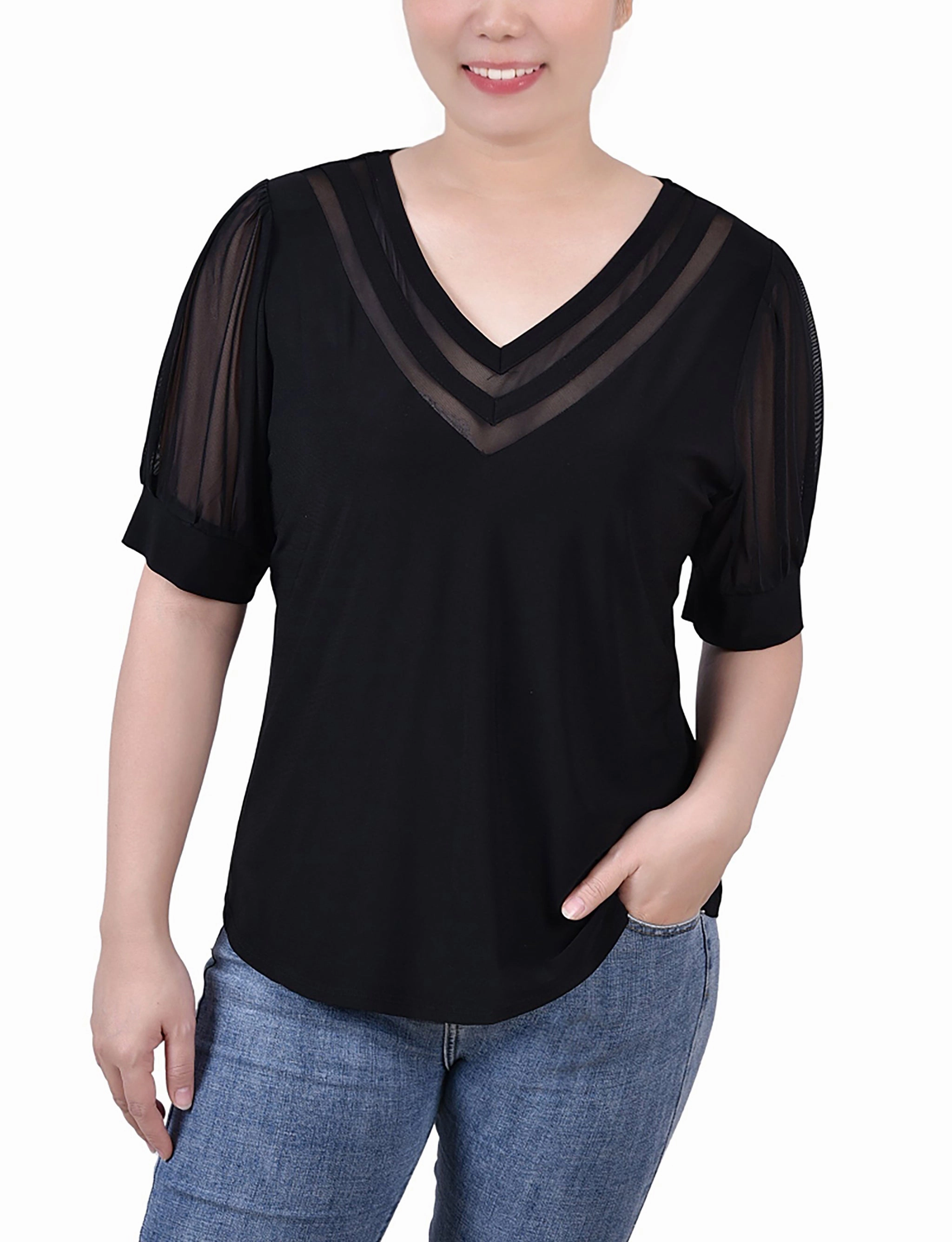 Slim Fit Design Petite Short Puff Sleeve V Neck Top