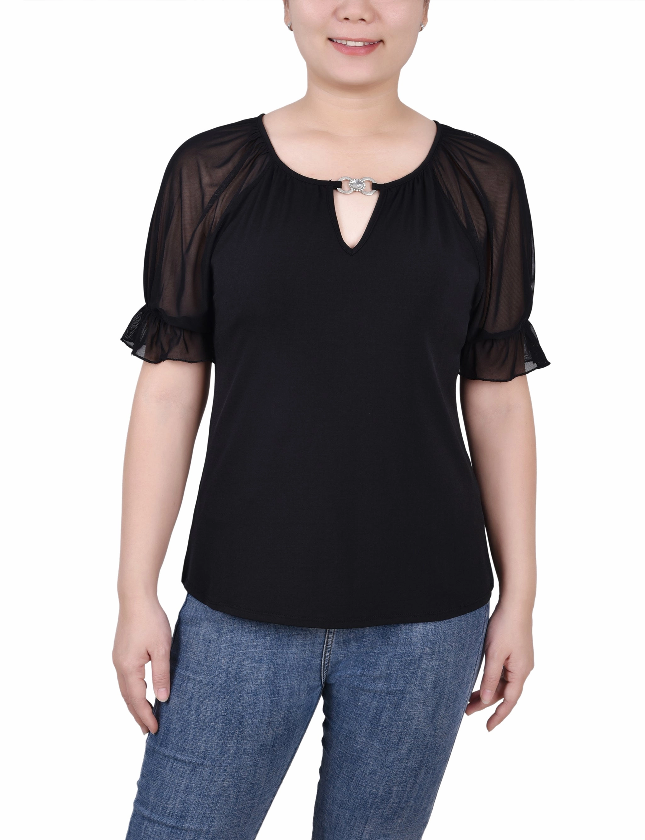 Layered Neckline Sleeveless Tee Petite Short Ruffle Sleeve Top With Rhinestones