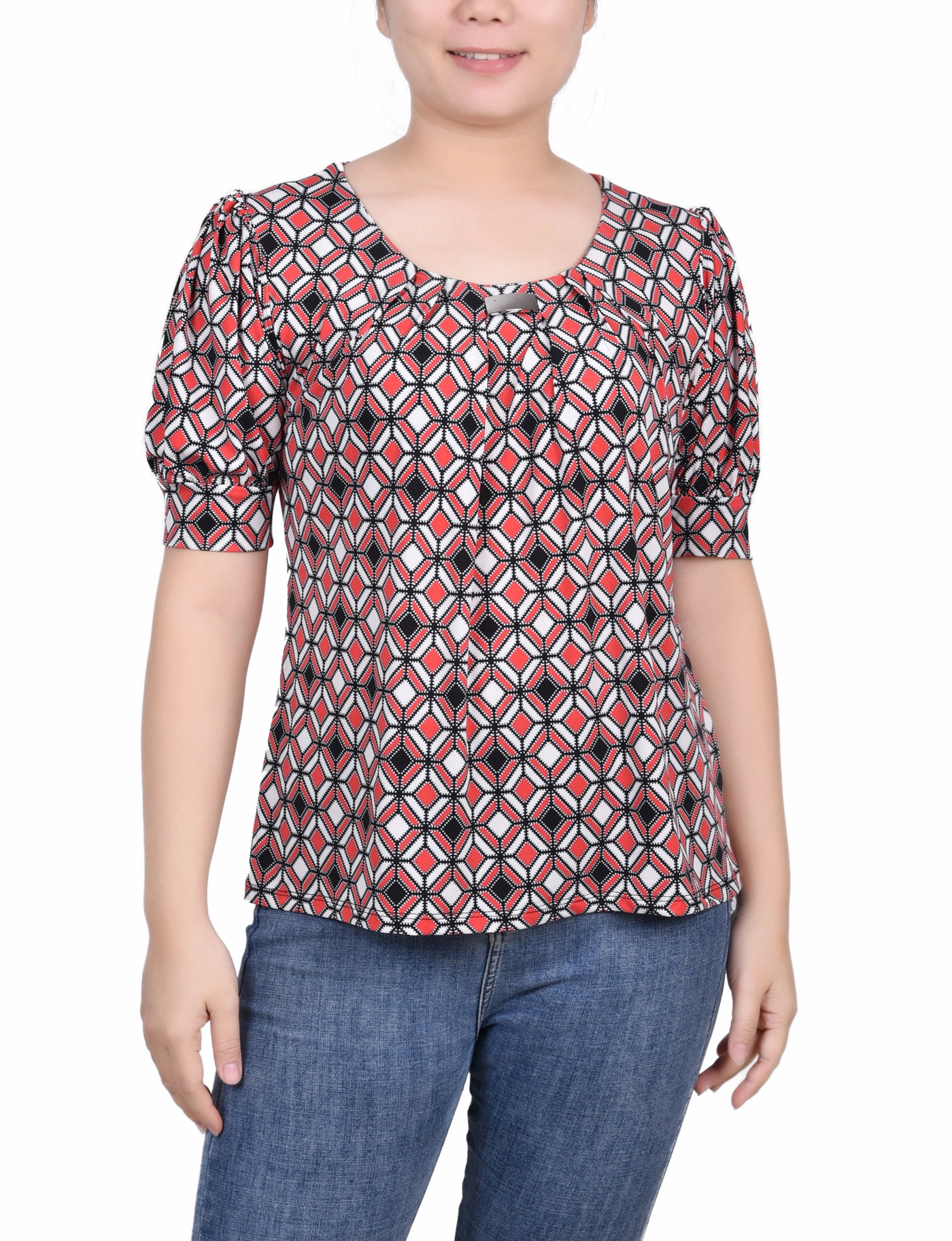 Petite Short Sleeve Balloon Sleeve Top Summer Blouse