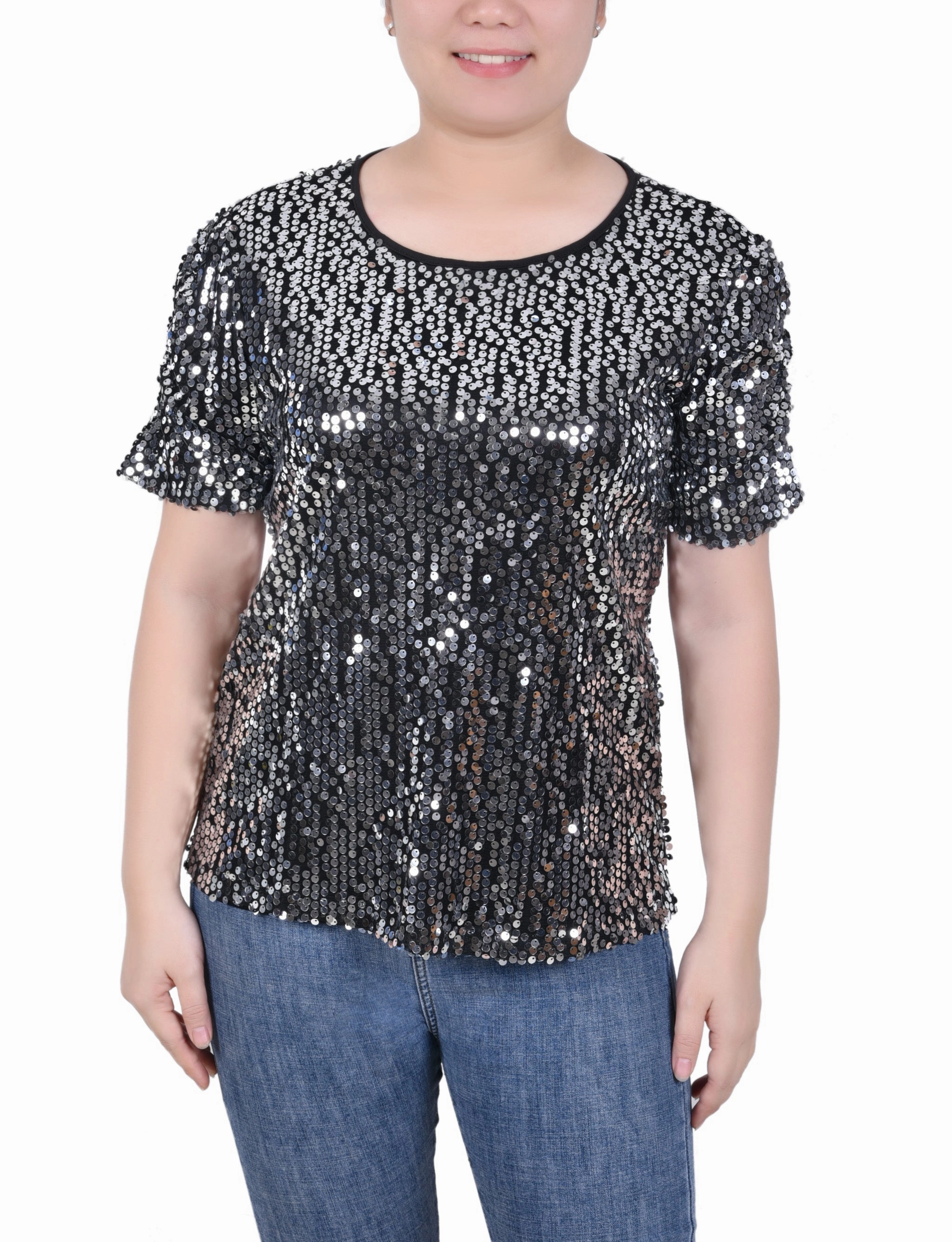 FourWayStretchFabric Multi Pocket Configuration Petite Short Sleeve Sequined Top