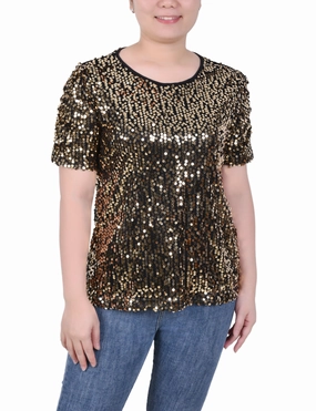 Petite Short Sleeve Sequined Top Non Irritating Label