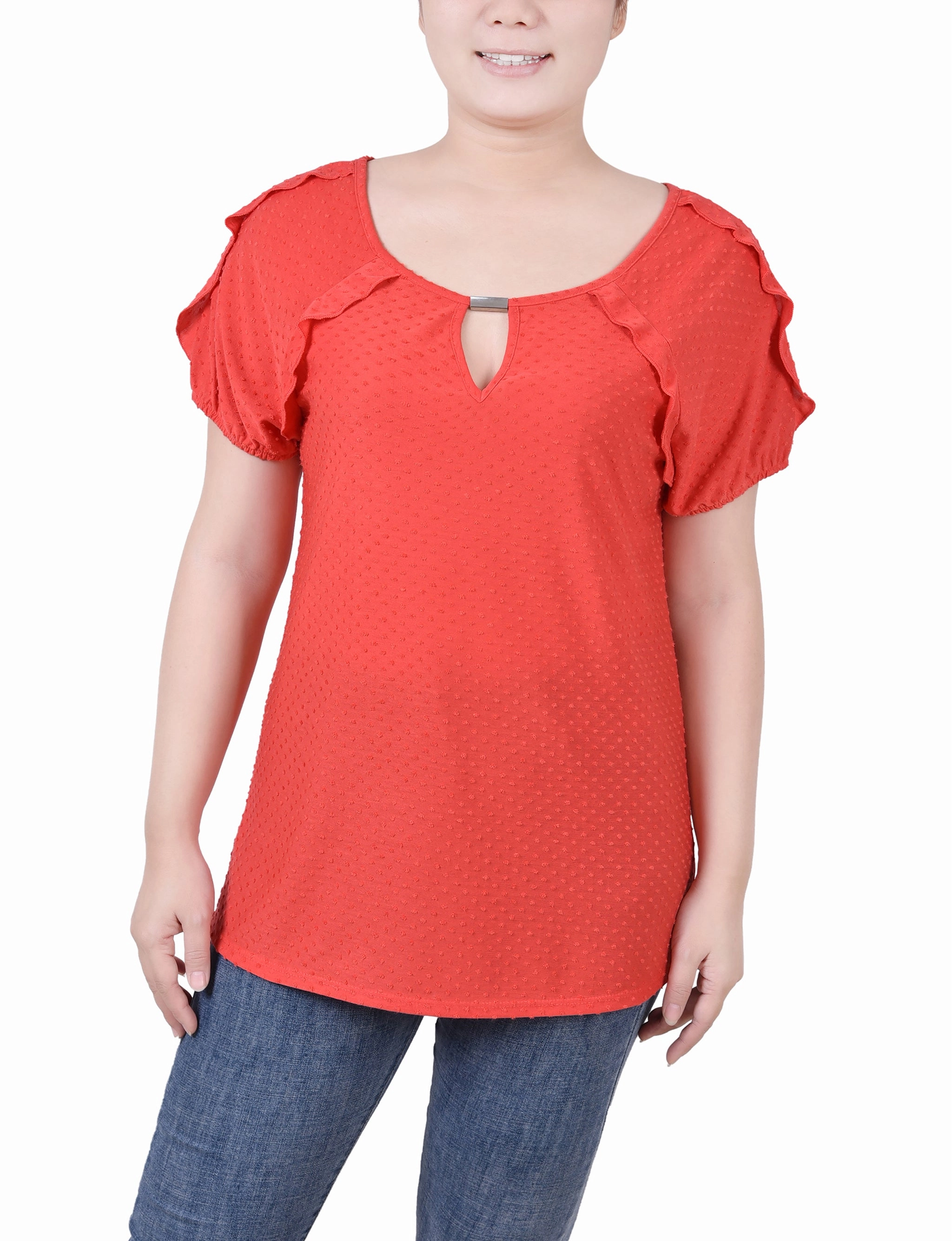 Low Profile Waistband Integration Petite Short Sleeve Swiss Dot Top