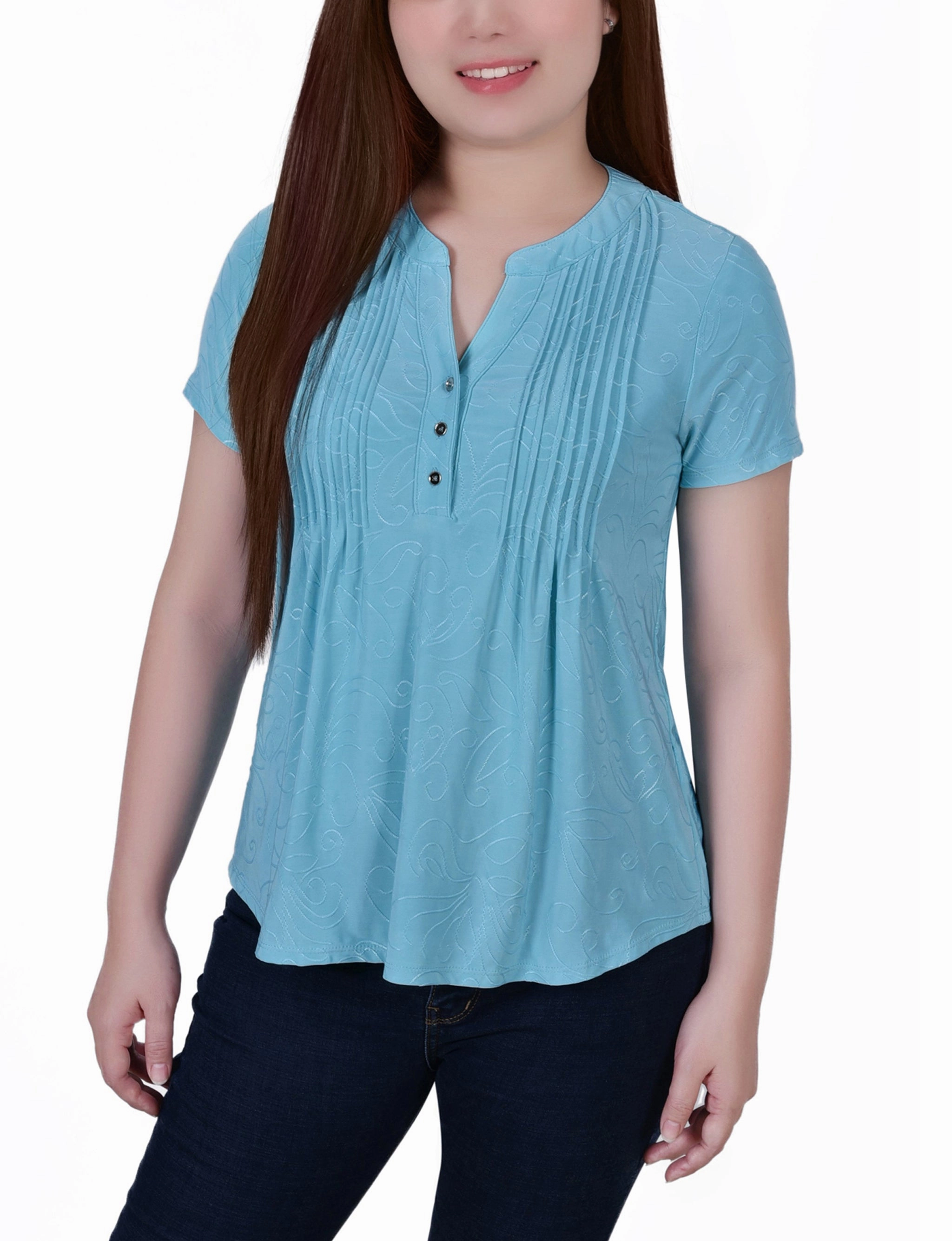 BambooBlend Petite Short Sleeve Y Neck Jacquard Knit Top