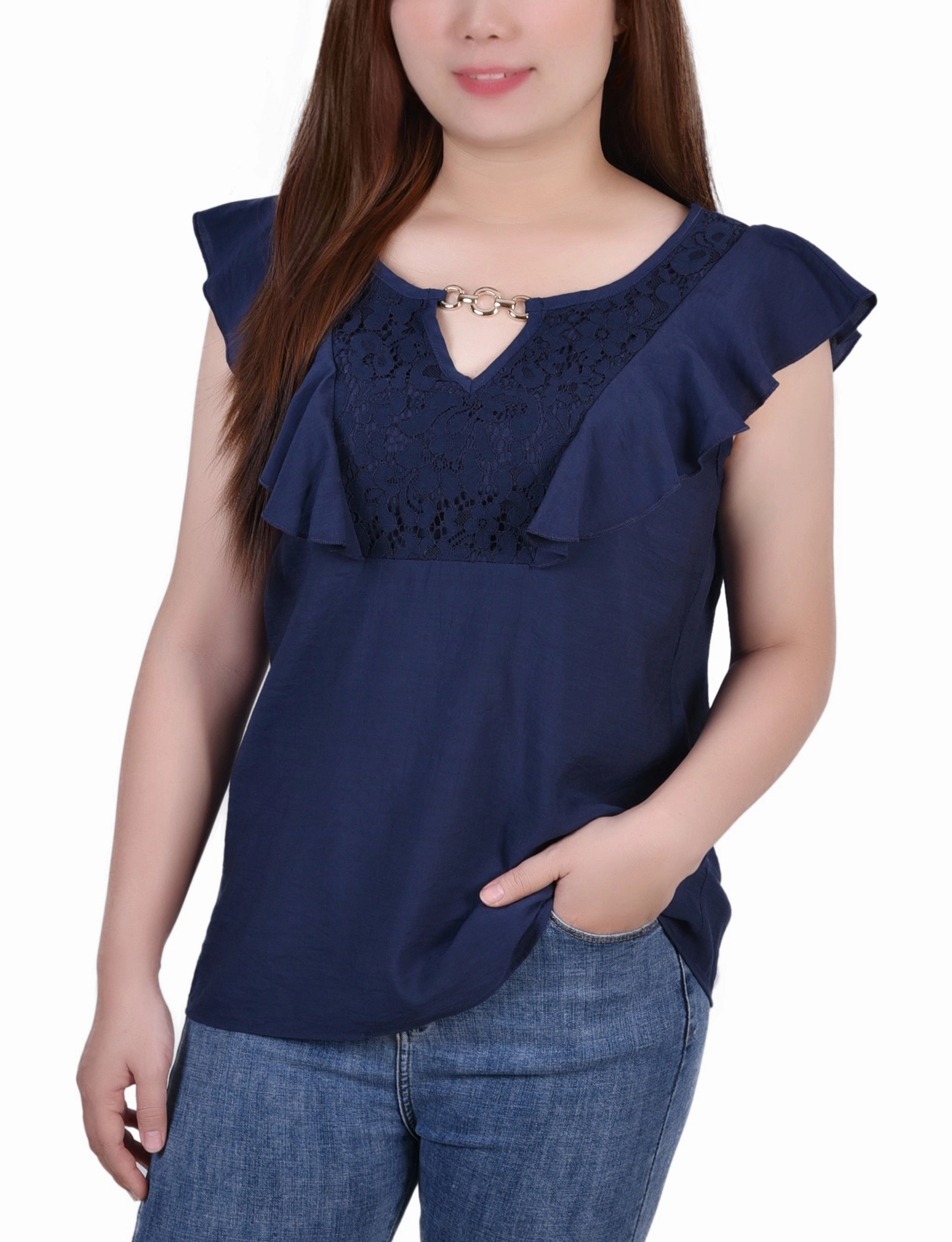 Petite Sleeveless Flutter Yoke Blouse Compact Stitching RelaxedFit