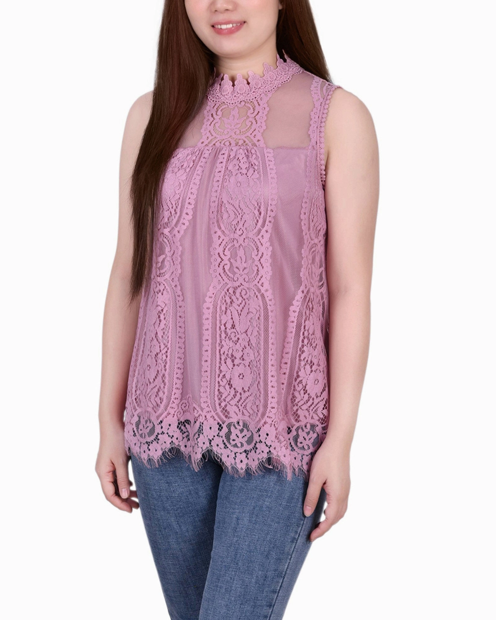 Petite Sleeveless Mock Neck Lace Top Thermal Insulation Tech