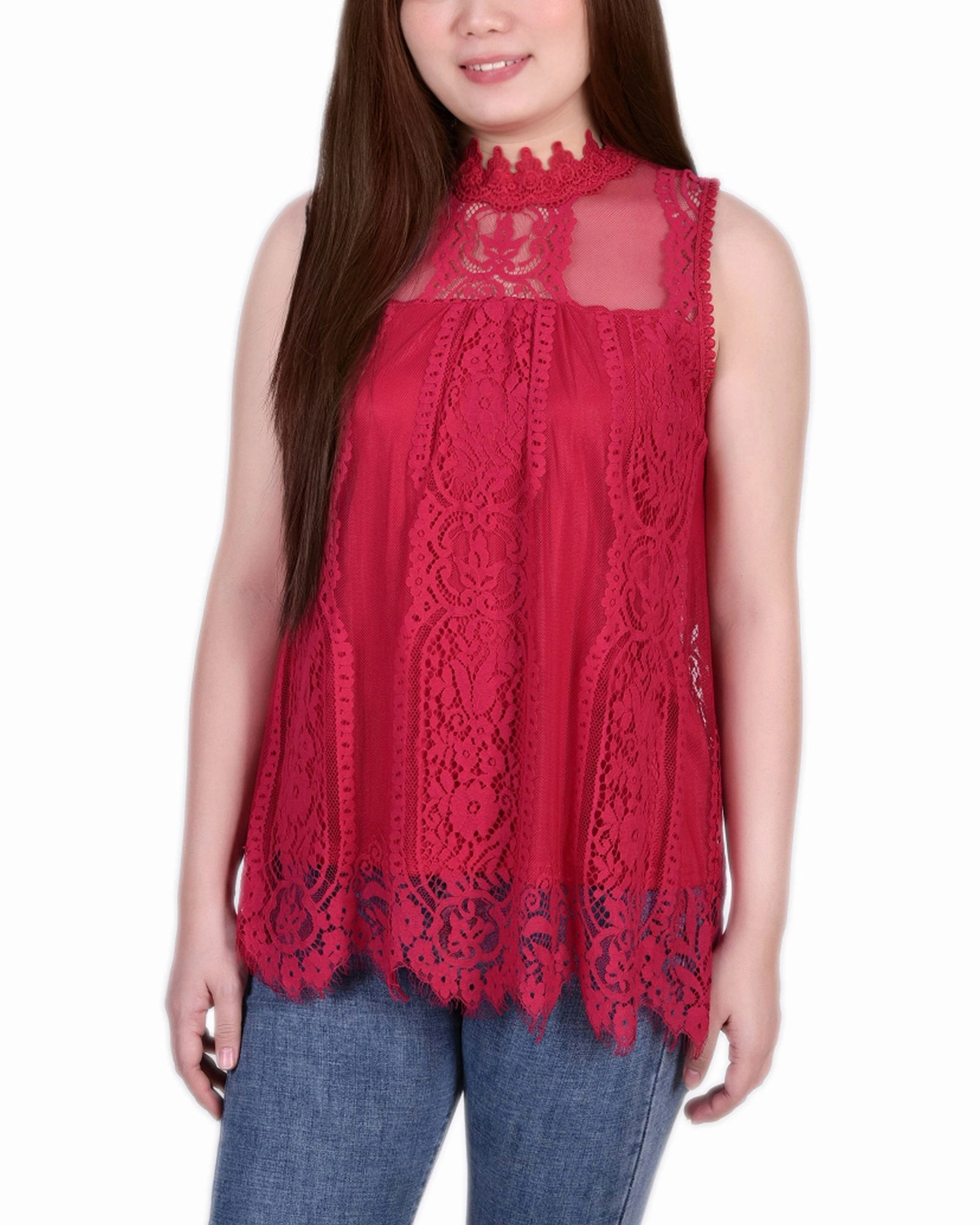 Garment Washed Finish Tactile Soft Texture Petite Sleeveless Mock Neck Lace Top