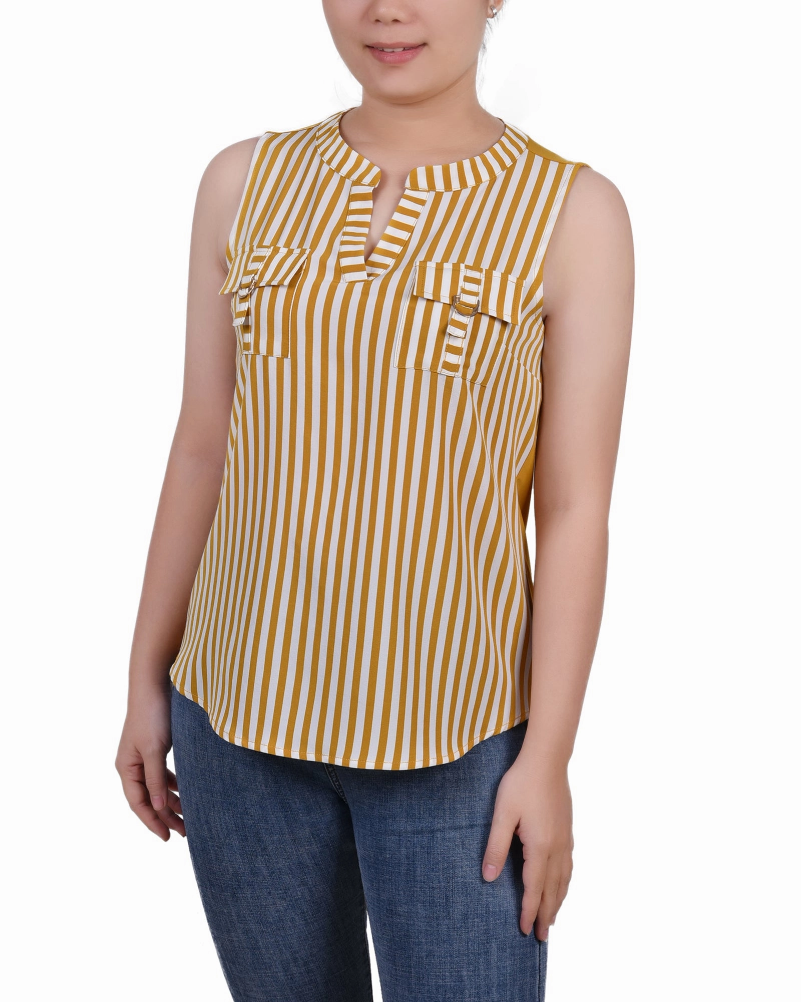 Petite Sleeveless Y Neck Combo Blouse RibbedTexture Oversized Fit