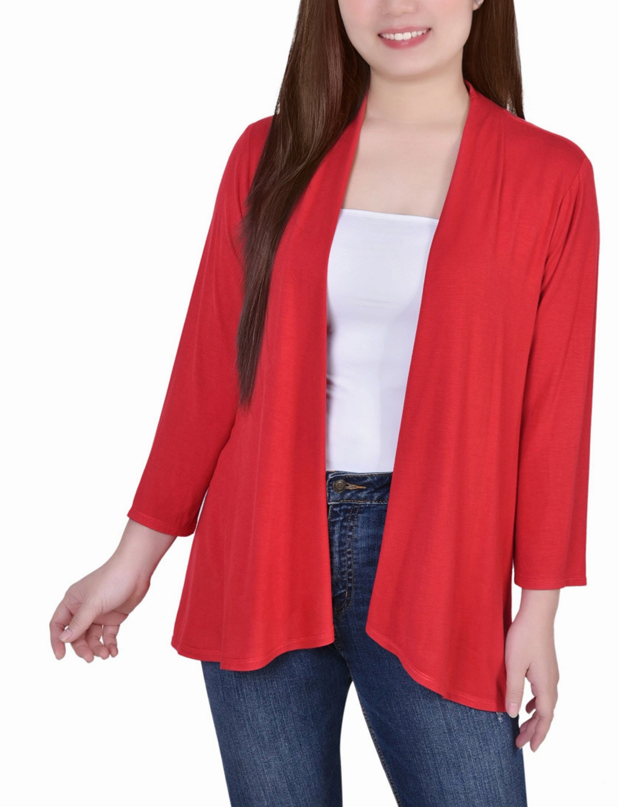 Petite Solid 3/4 Sleeve Cardigan VersatileNeckline Flatlock Seams