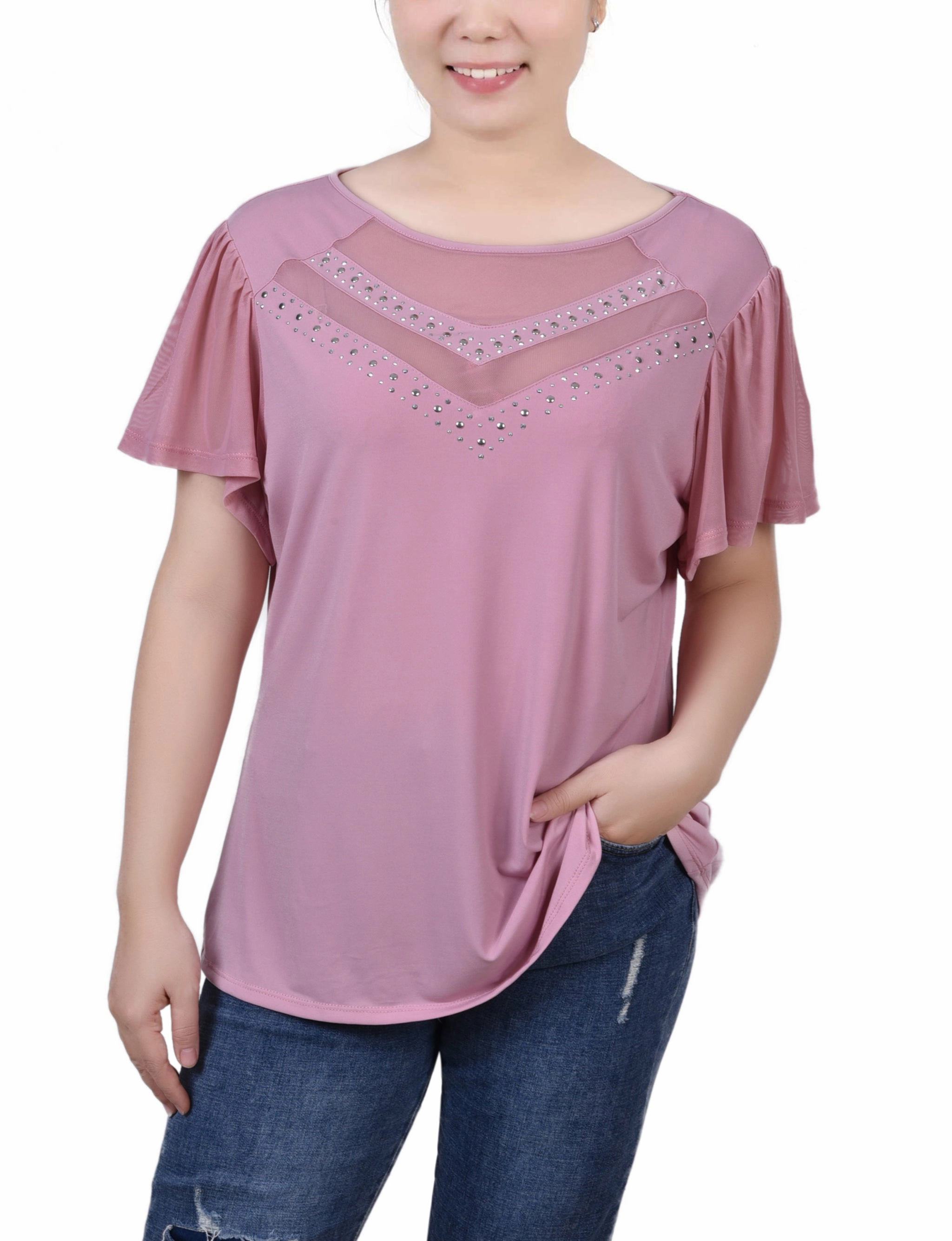 NonRestrictive Armholes Petite Studded Short Flutter Sleeve Top With Mesh Details