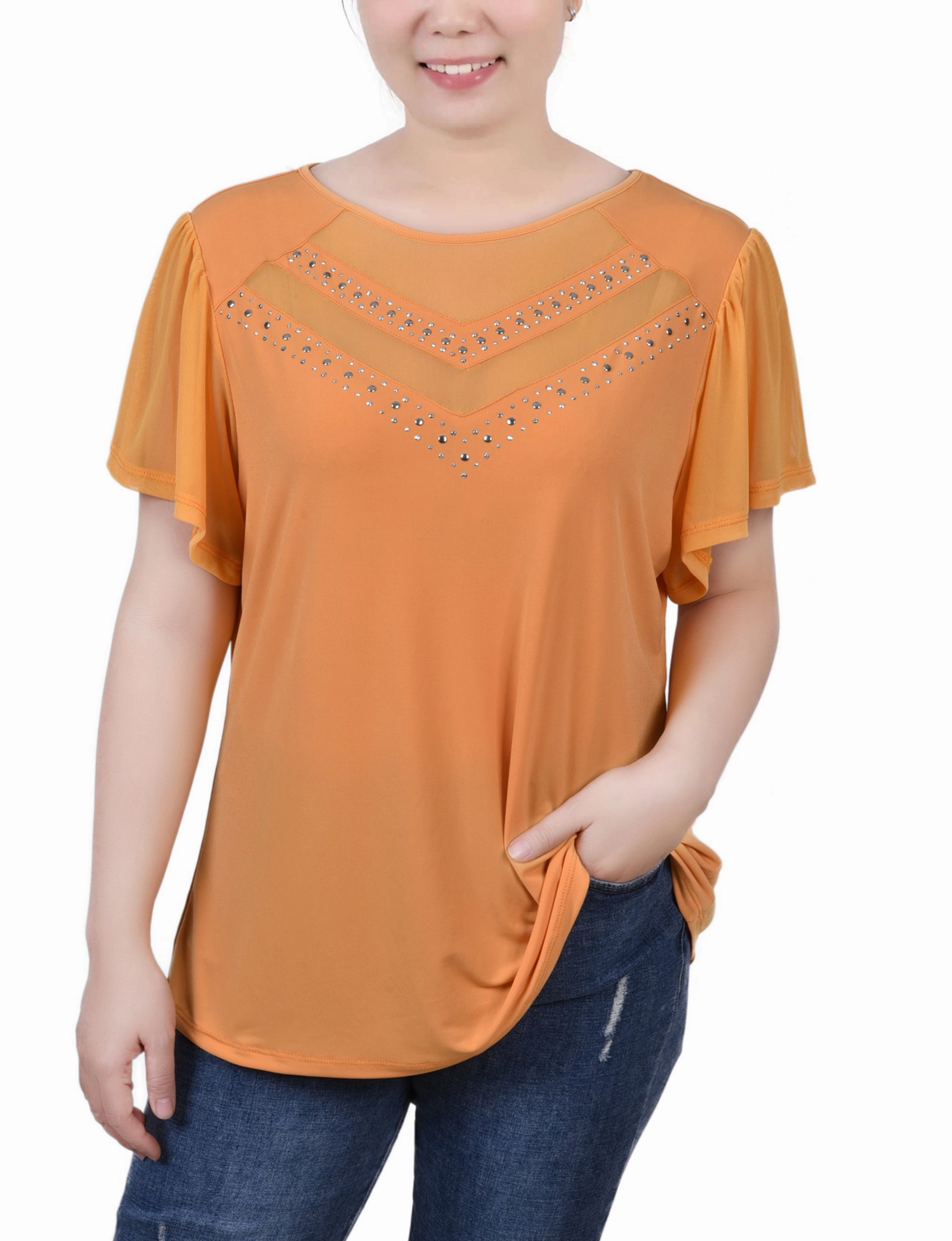 Taped Neckline Relaxed Crew Neck Opening Petite Studded Short Flutter Sleeve Top With Mesh Details