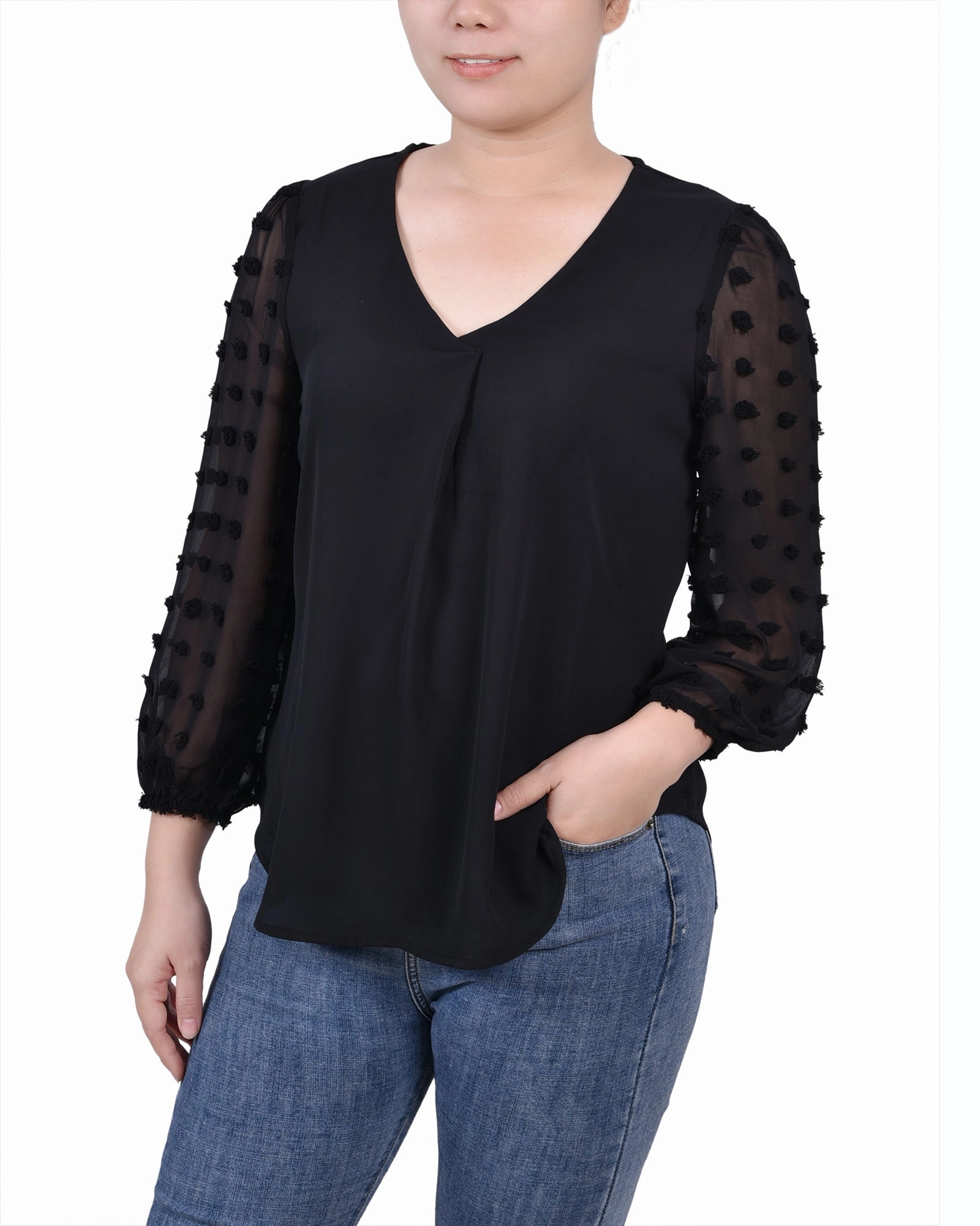 Breathable Underarm Gussets Petite V Neck Blouse With 3/4 Jacquard Chiffon Sleeves