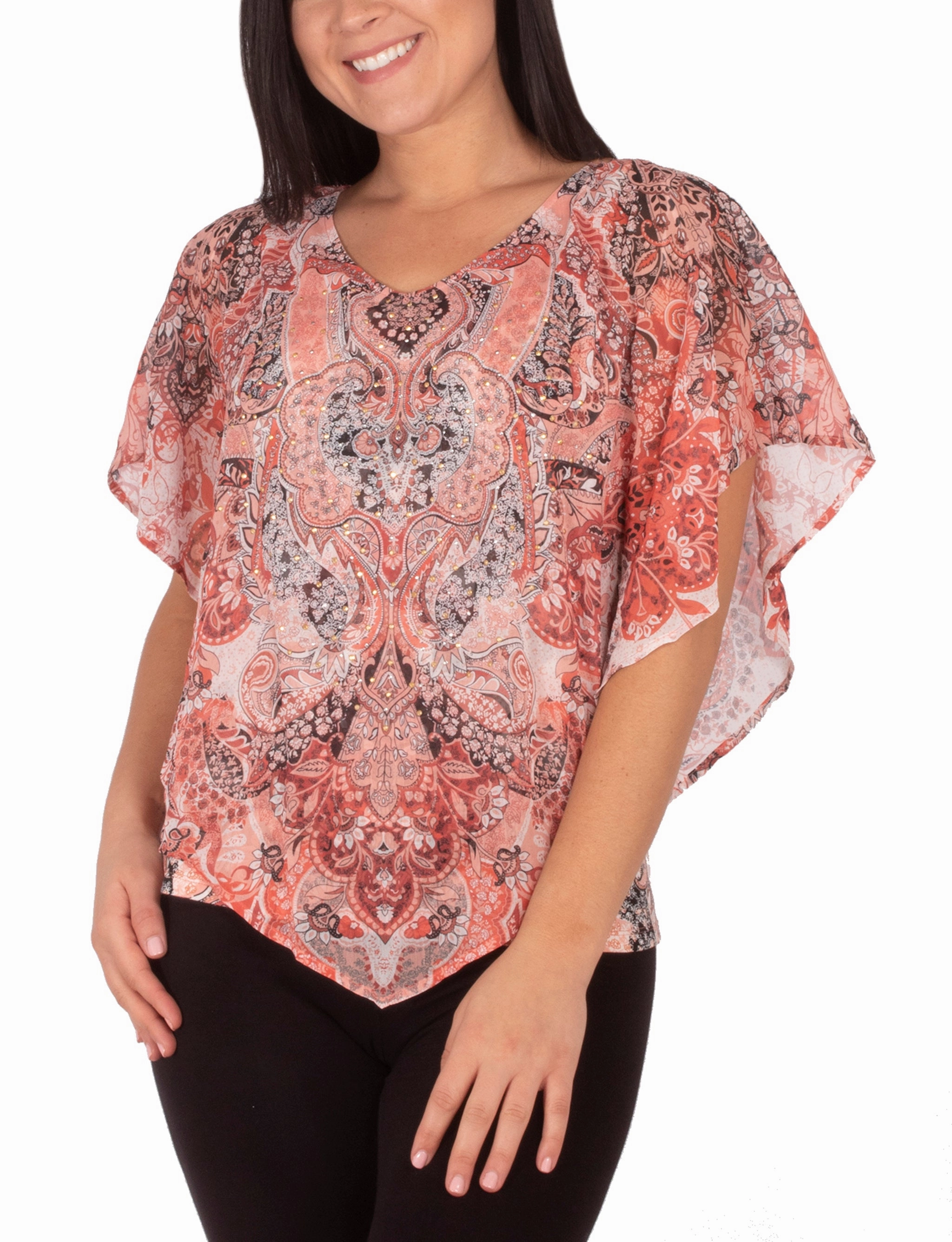 Petite V-Neck Printed Poncho With Nailheads Moisture Wicking Material