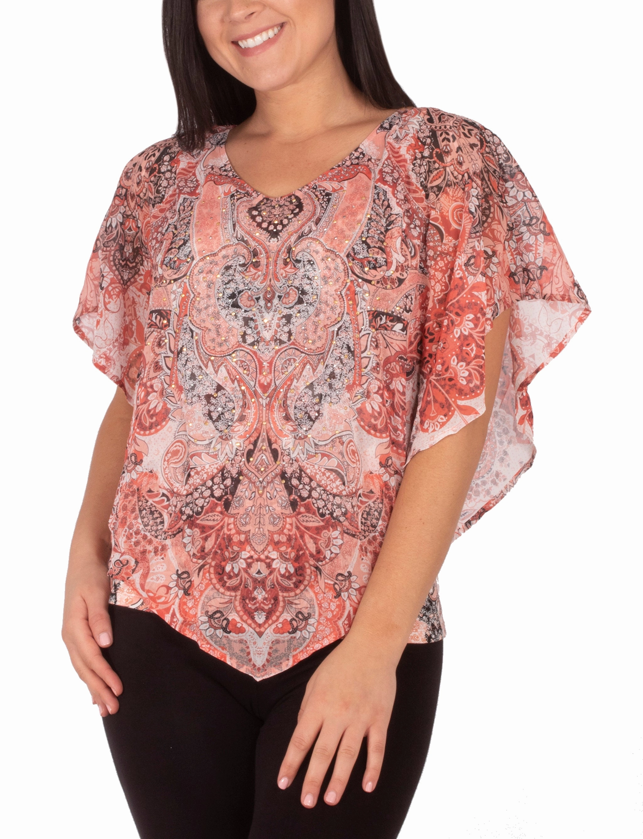 Grid Back Panel Garment Dyed Finish Petite V-Neck Printed Poncho With Nailheads