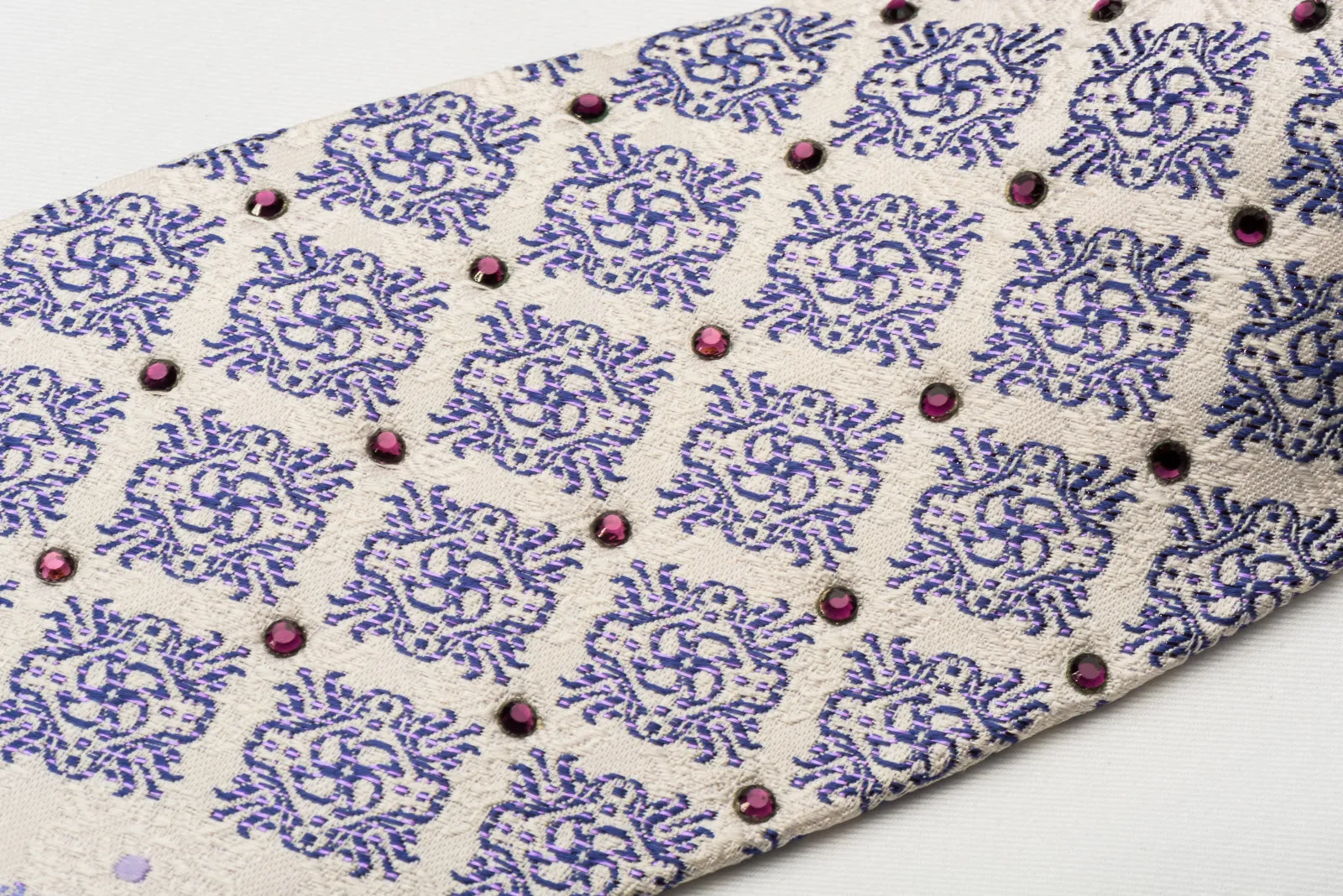 Pierre Balmain Silk Tie Purple Cartouche On White With Rhinestones Purple Silver Sparkles