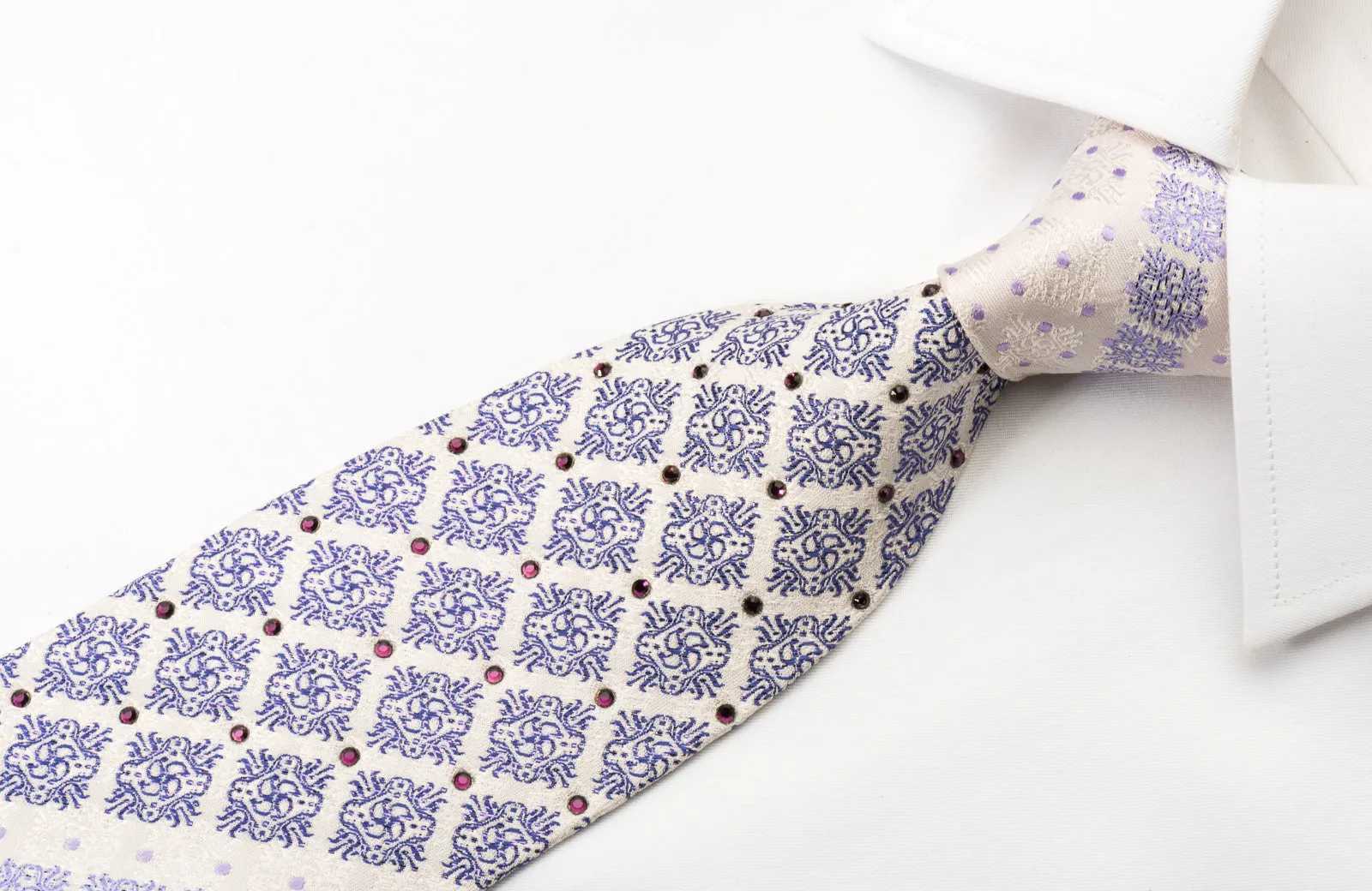 Pierre Balmain Silk Tie Purple Cartouche On White With Rhinestones Purple Silver Sparkles