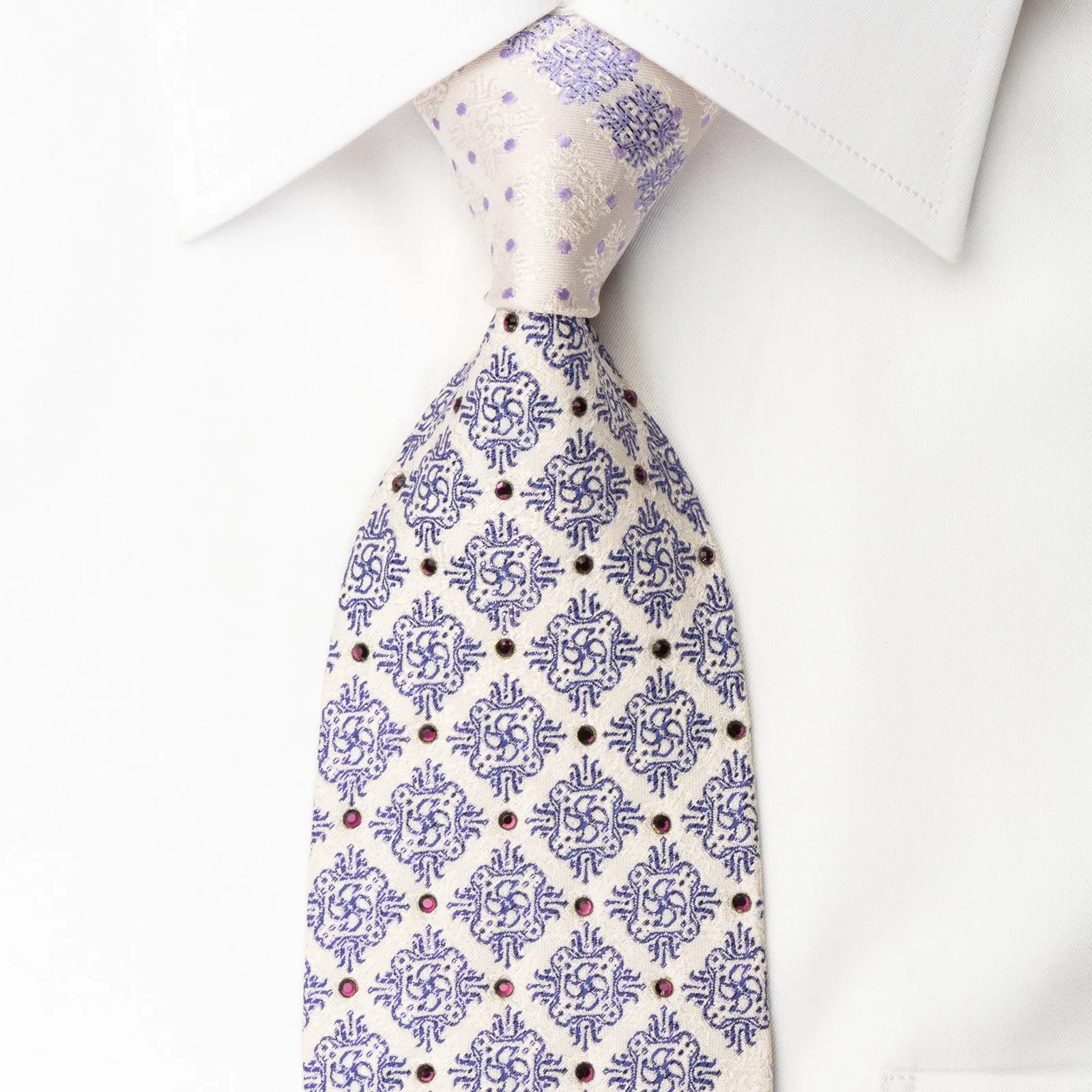 Pierre Balmain Silk Tie Purple Cartouche On White With Rhinestones Purple Silver Sparkles