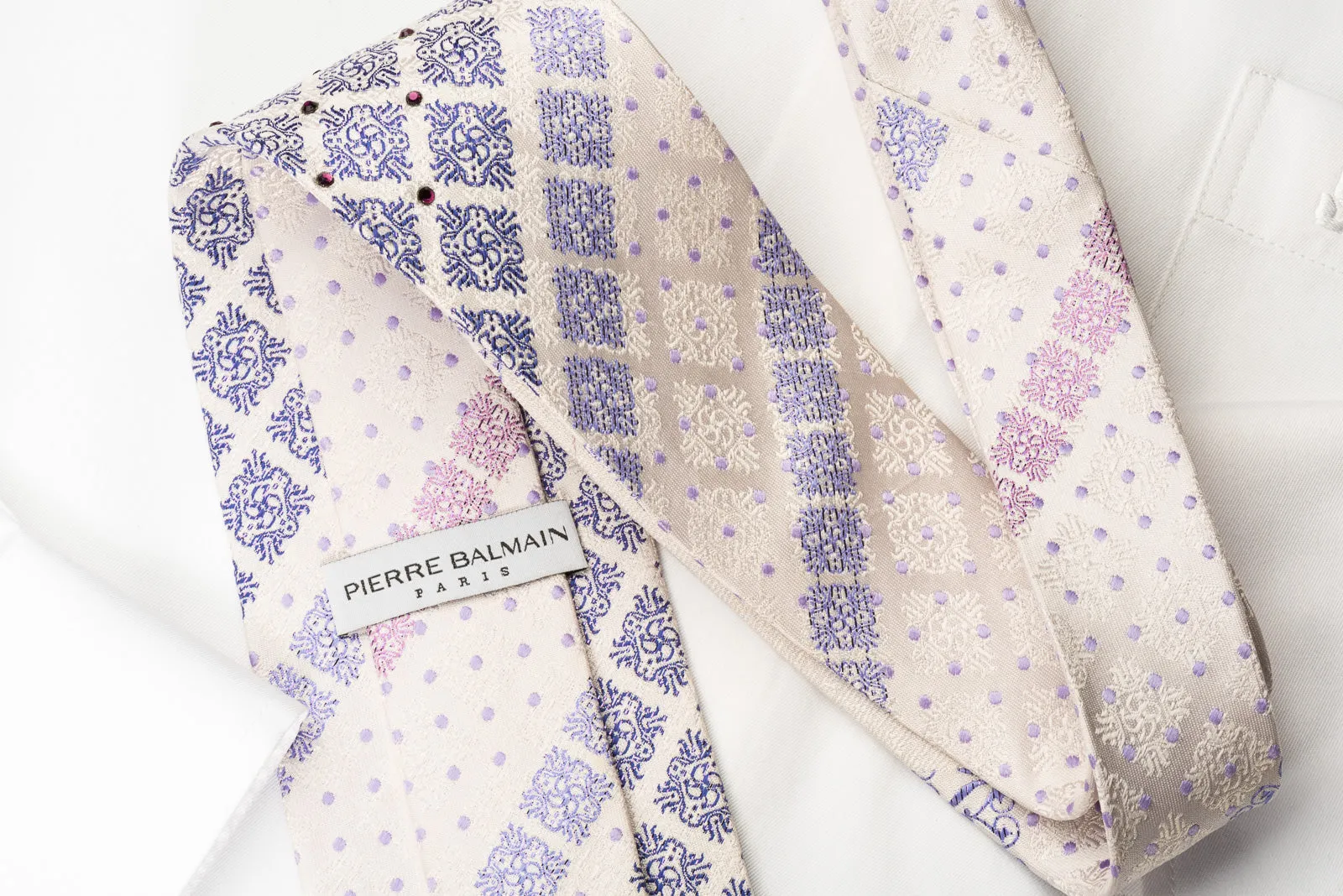 Pierre Balmain Silk Tie Purple Cartouche On White With Rhinestones Purple Silver Sparkles