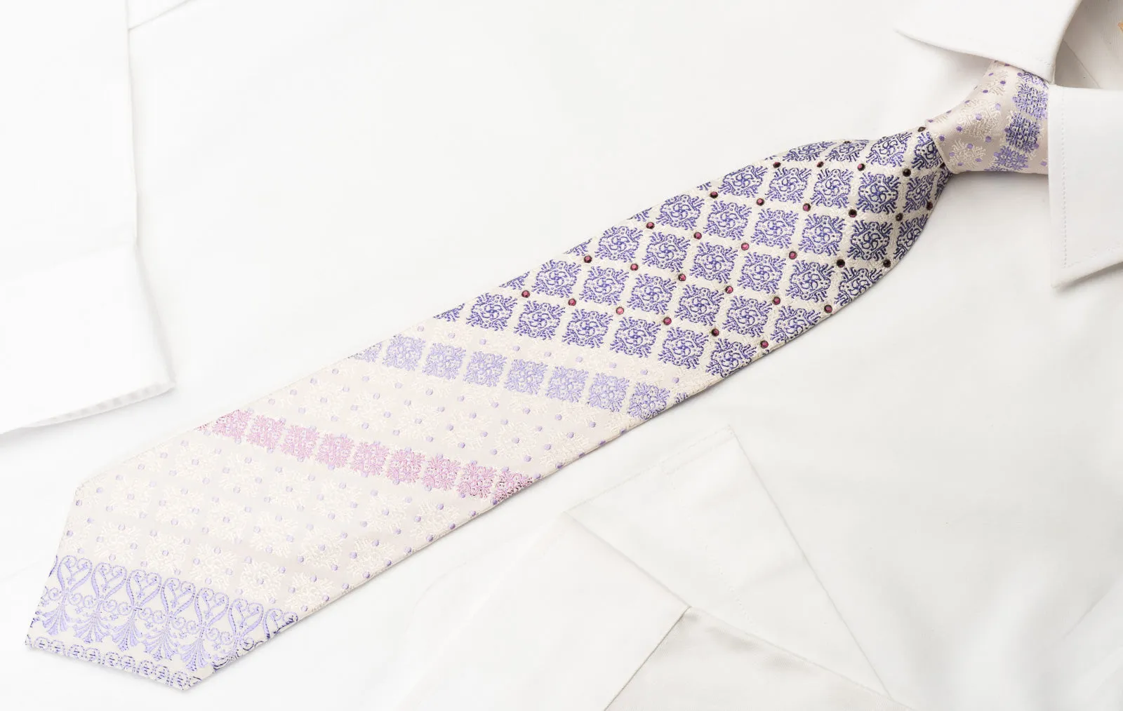 Pierre Balmain Silk Tie Purple Cartouche On White With Rhinestones Purple Silver Sparkles