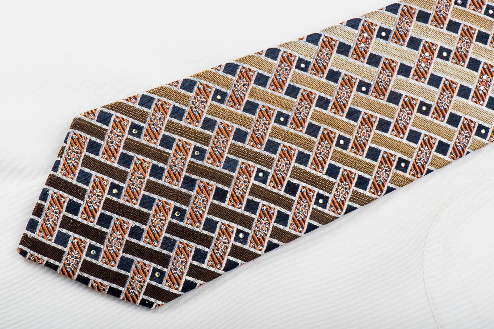 Pierre Cardin Rhinestone Silk Necktie Brown Beige Orange Weave On Navy