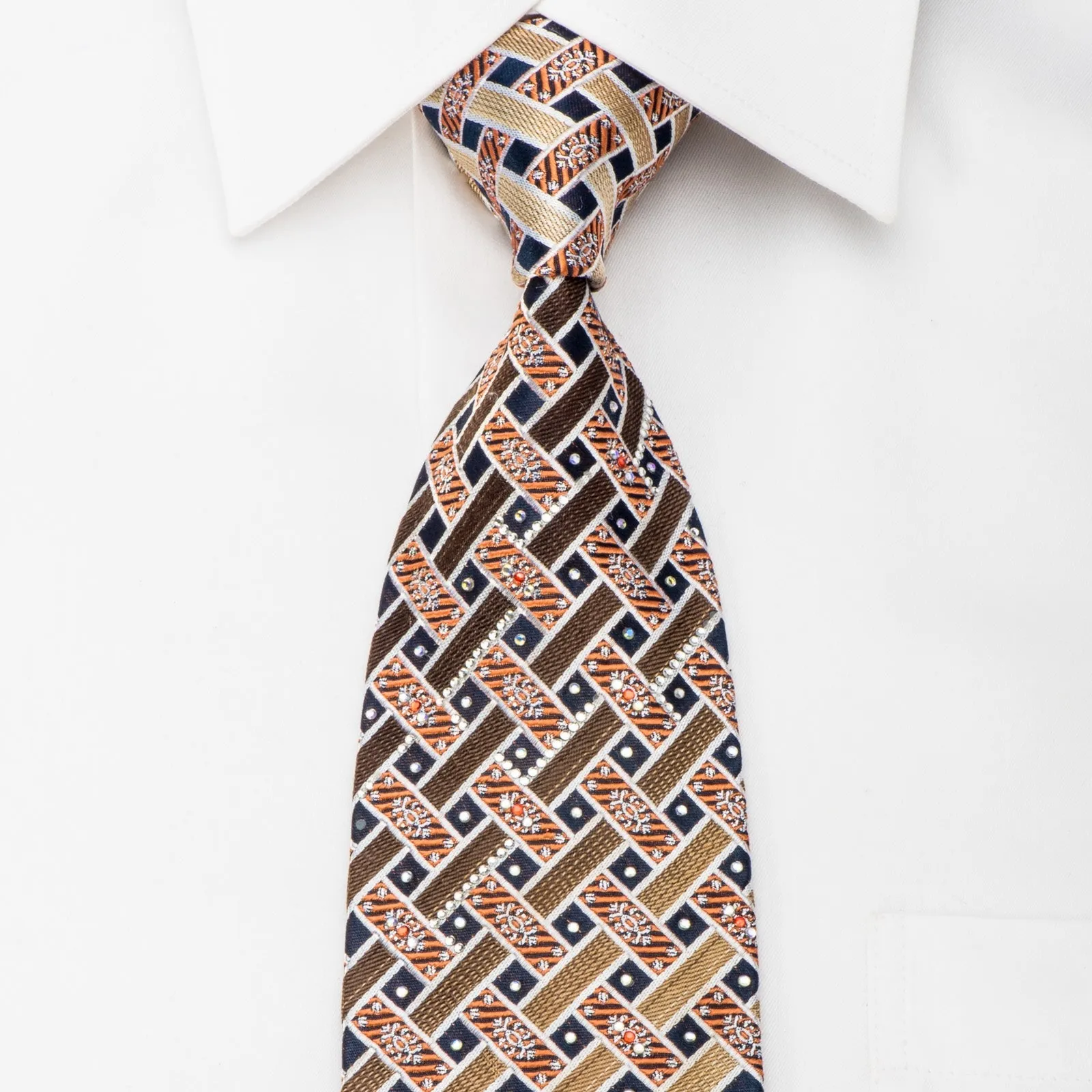 Pierre Cardin Rhinestone Silk Necktie Brown Beige Orange Weave On Navy