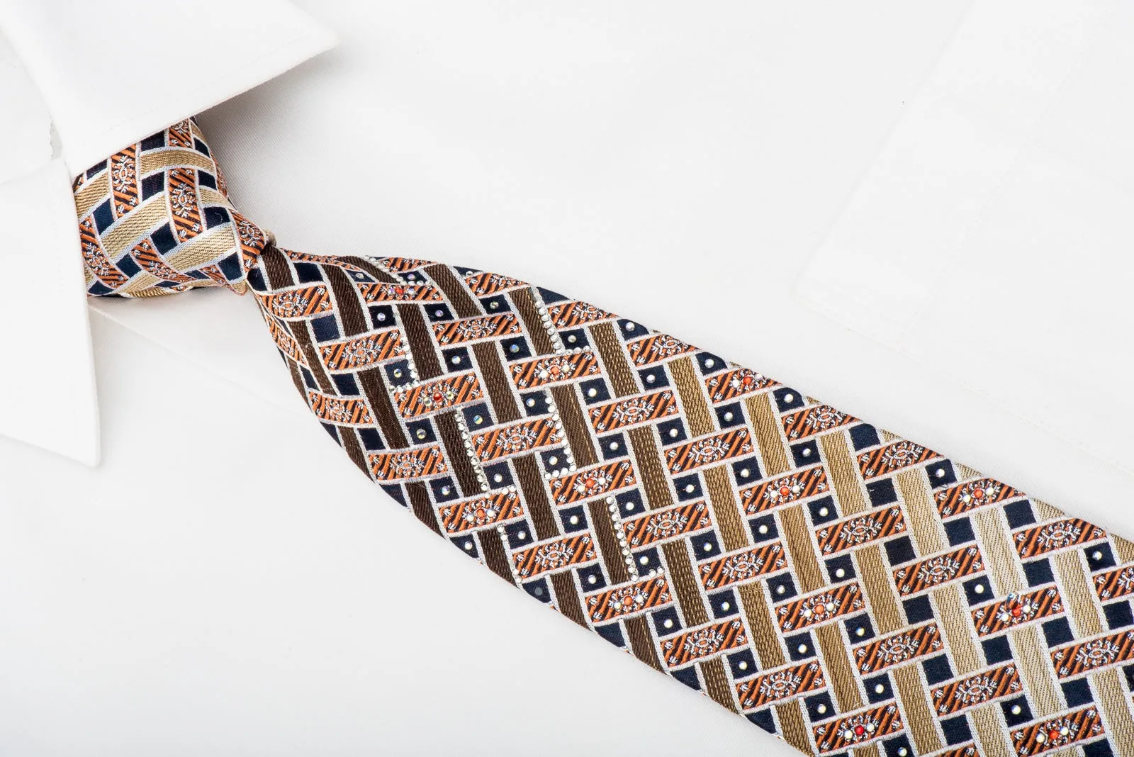 Pierre Cardin Rhinestone Silk Necktie Brown Beige Orange Weave On Navy
