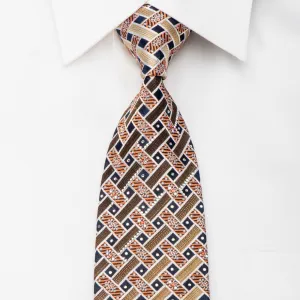 Pierre Cardin Rhinestone Silk Necktie Brown Beige Orange Weave On Navy