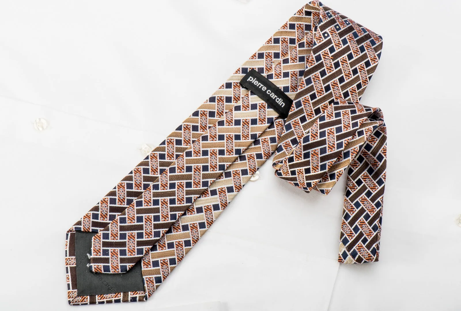Pierre Cardin Rhinestone Silk Necktie Brown Beige Orange Weave On Navy