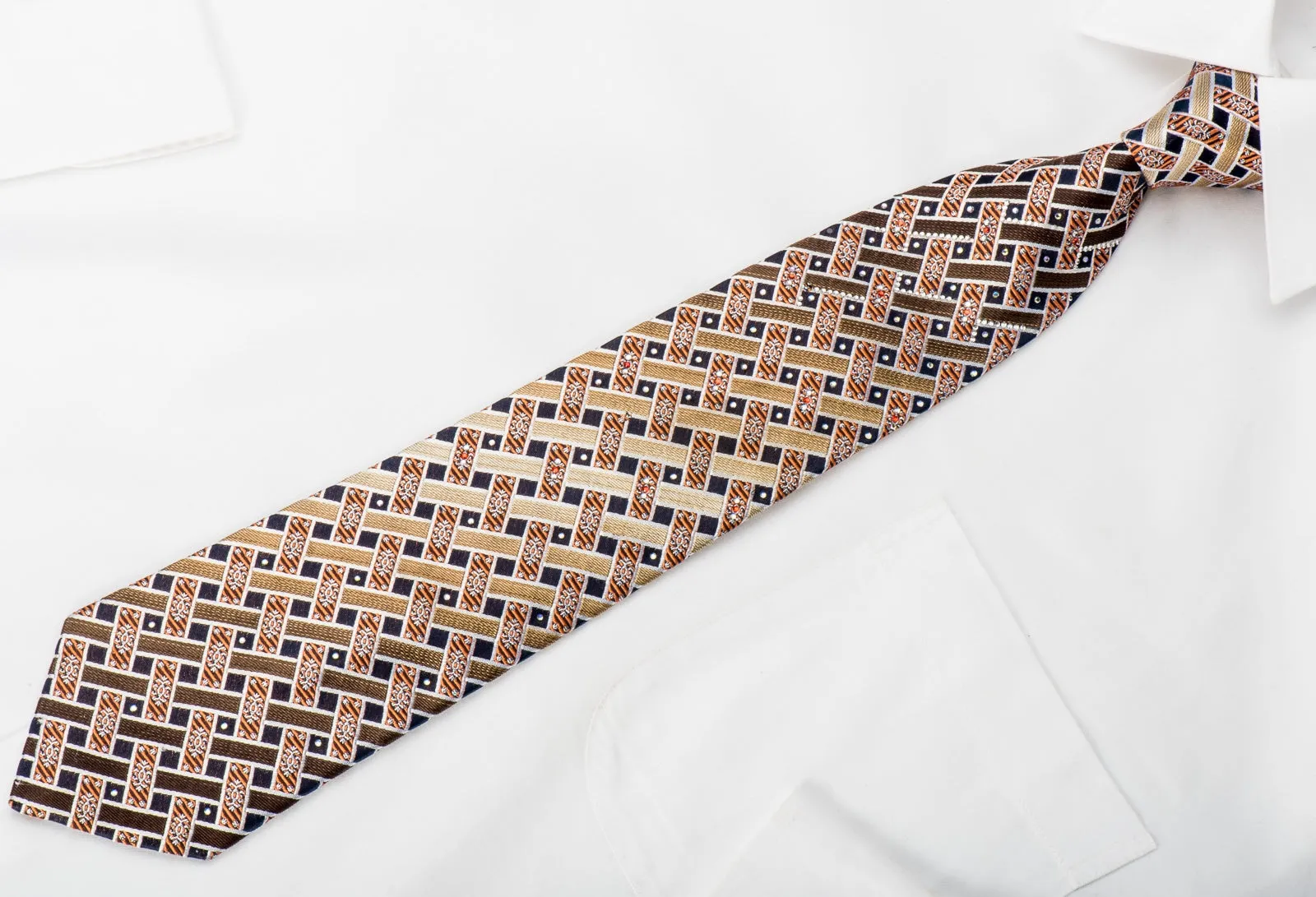 Pierre Cardin Rhinestone Silk Necktie Brown Beige Orange Weave On Navy
