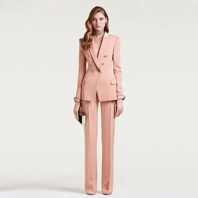 Pink Double Breast Women Pantsuit