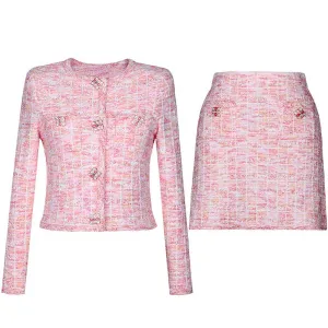 Pink Knit Top Short Skirt Suit Button-Up Cardigan Jacket   Mini Skirt Set