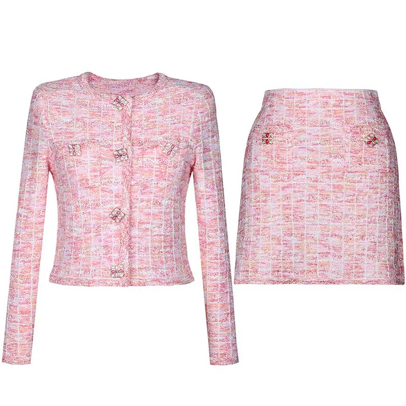 Pink Knit Top Short Skirt Suit Button-Up Cardigan Jacket   Mini Skirt Set