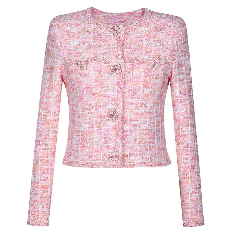 Pink Knit Top Short Skirt Suit Button-Up Cardigan Jacket   Mini Skirt Set