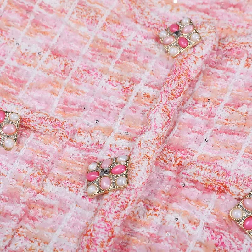 Pink Knit Top Short Skirt Suit Button-Up Cardigan Jacket   Mini Skirt Set