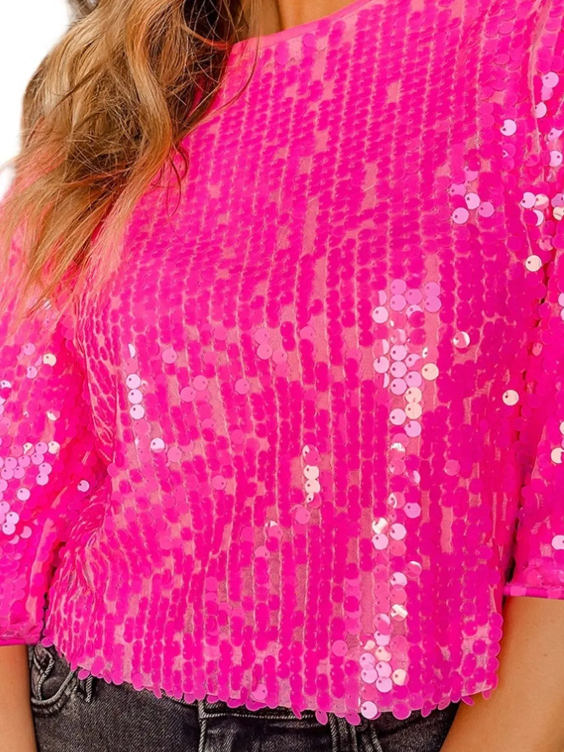 Pink Sequin Round Neck Half Sleeve Blouse Women's Short Sleeve Shiny Shirt