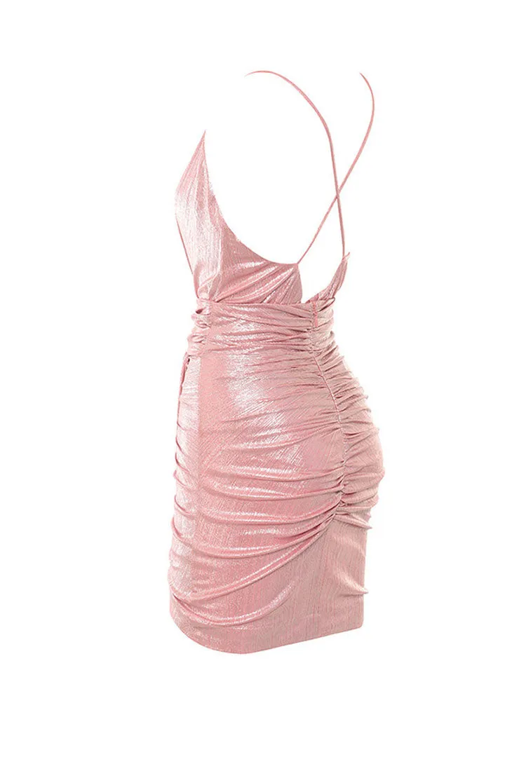 Pink Slip V-neck Backless Mini Dress