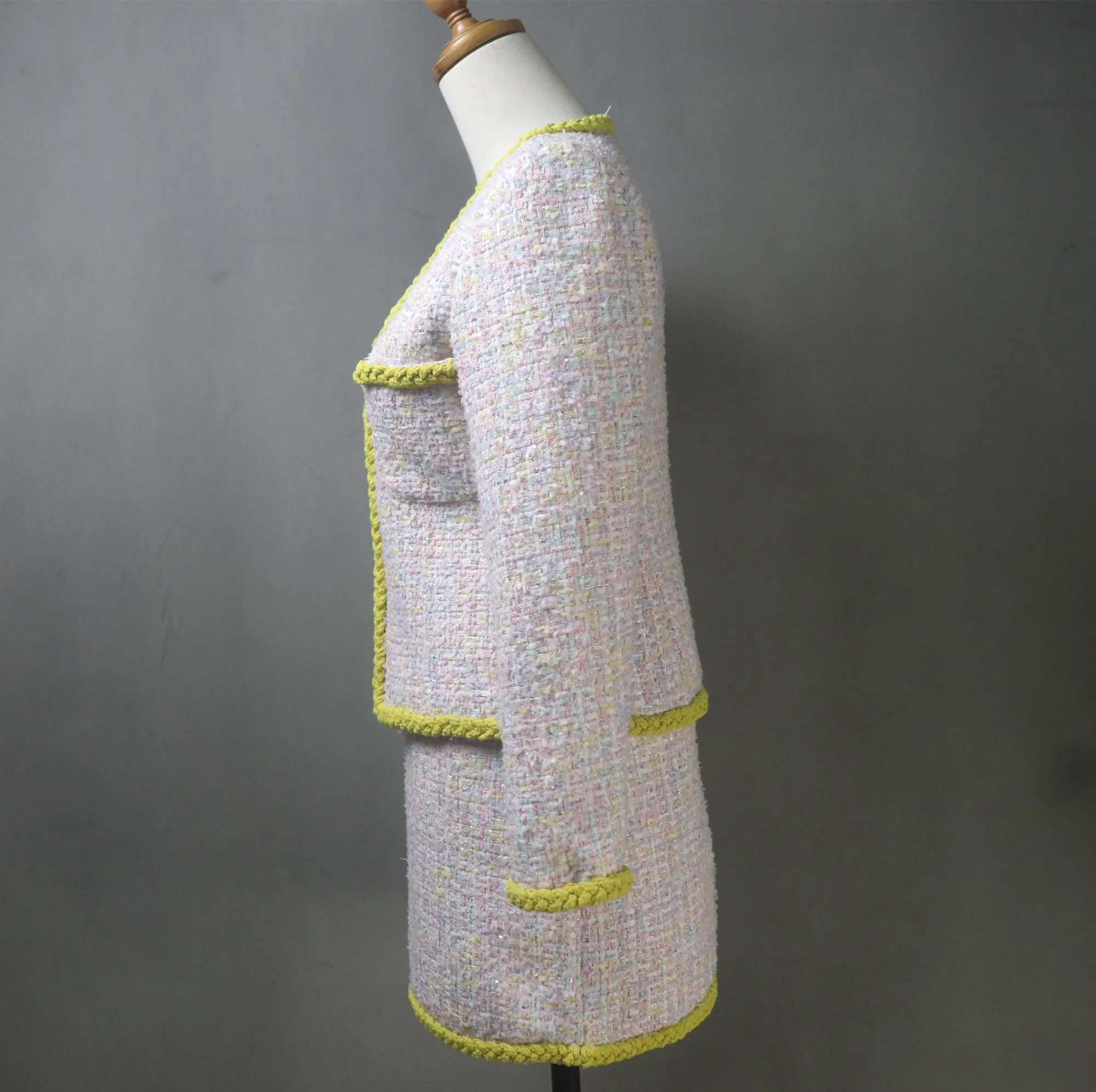 Pink Yellow Tweed Skirt Suit with Sequins