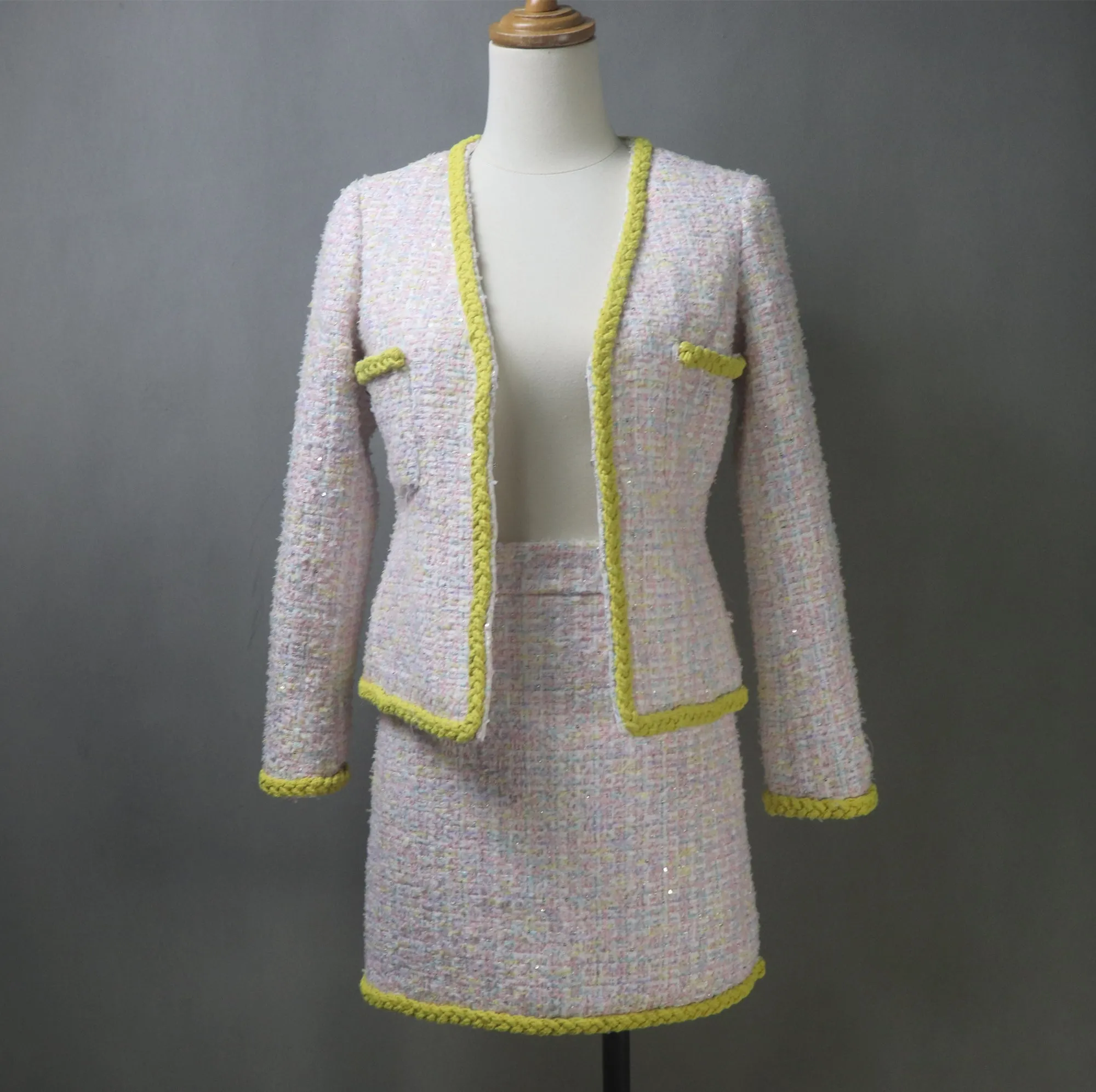 Pink Yellow Tweed Skirt Suit with Sequins