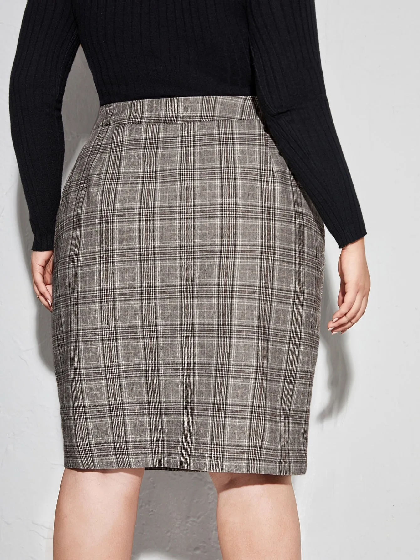 Plaid Button Front Midi Plus Size Skirt