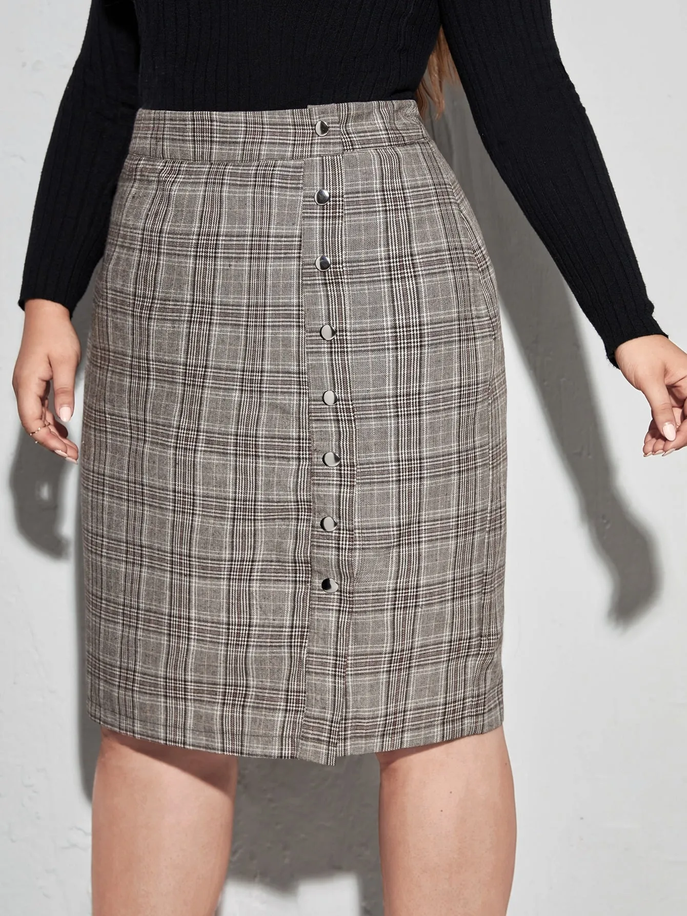 Plaid Button Front Midi Plus Size Skirt