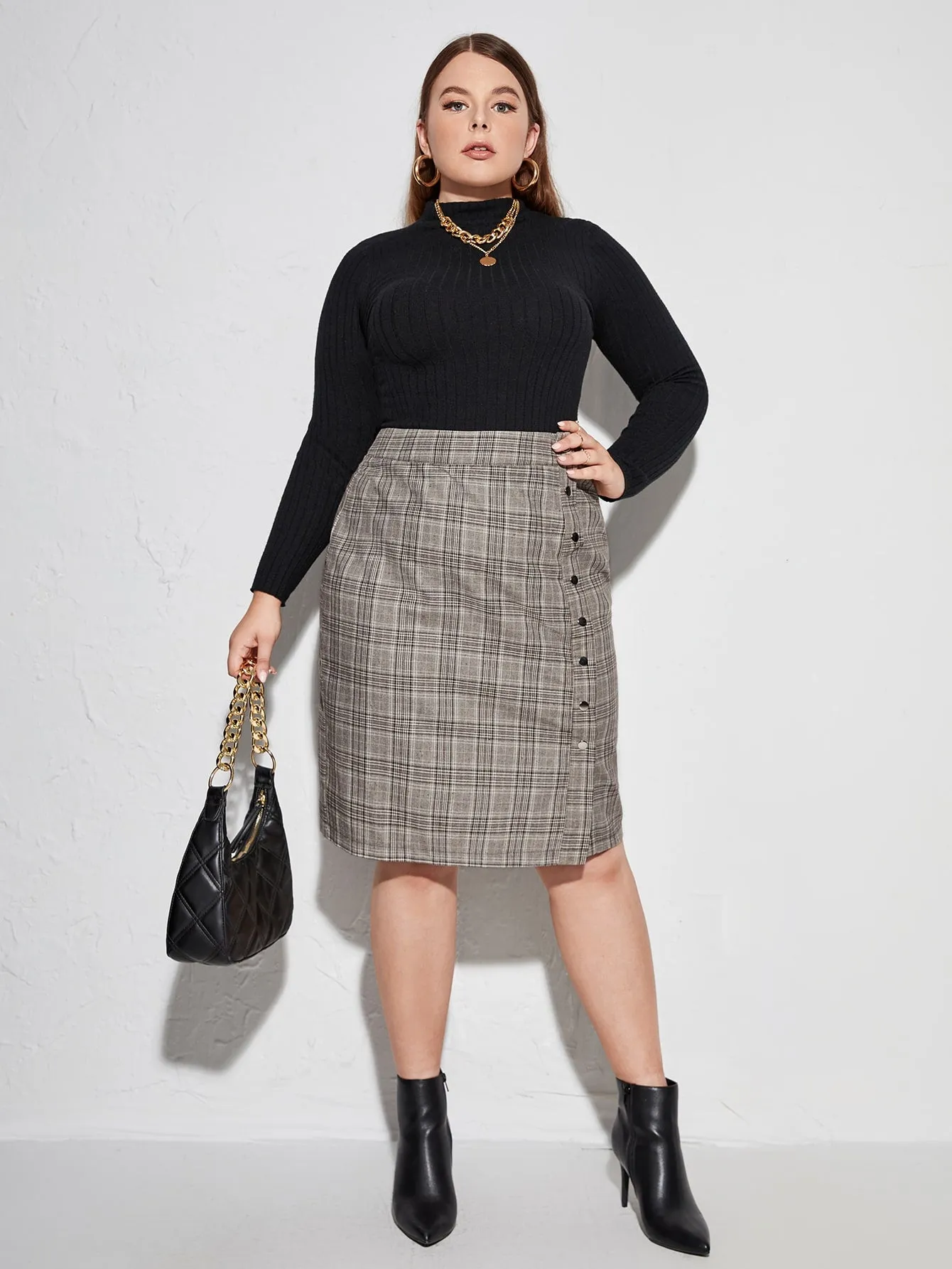 Plaid Button Front Midi Plus Size Skirt
