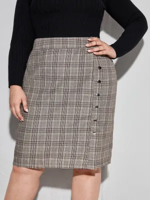 Plaid Button Front Midi Plus Size Skirt