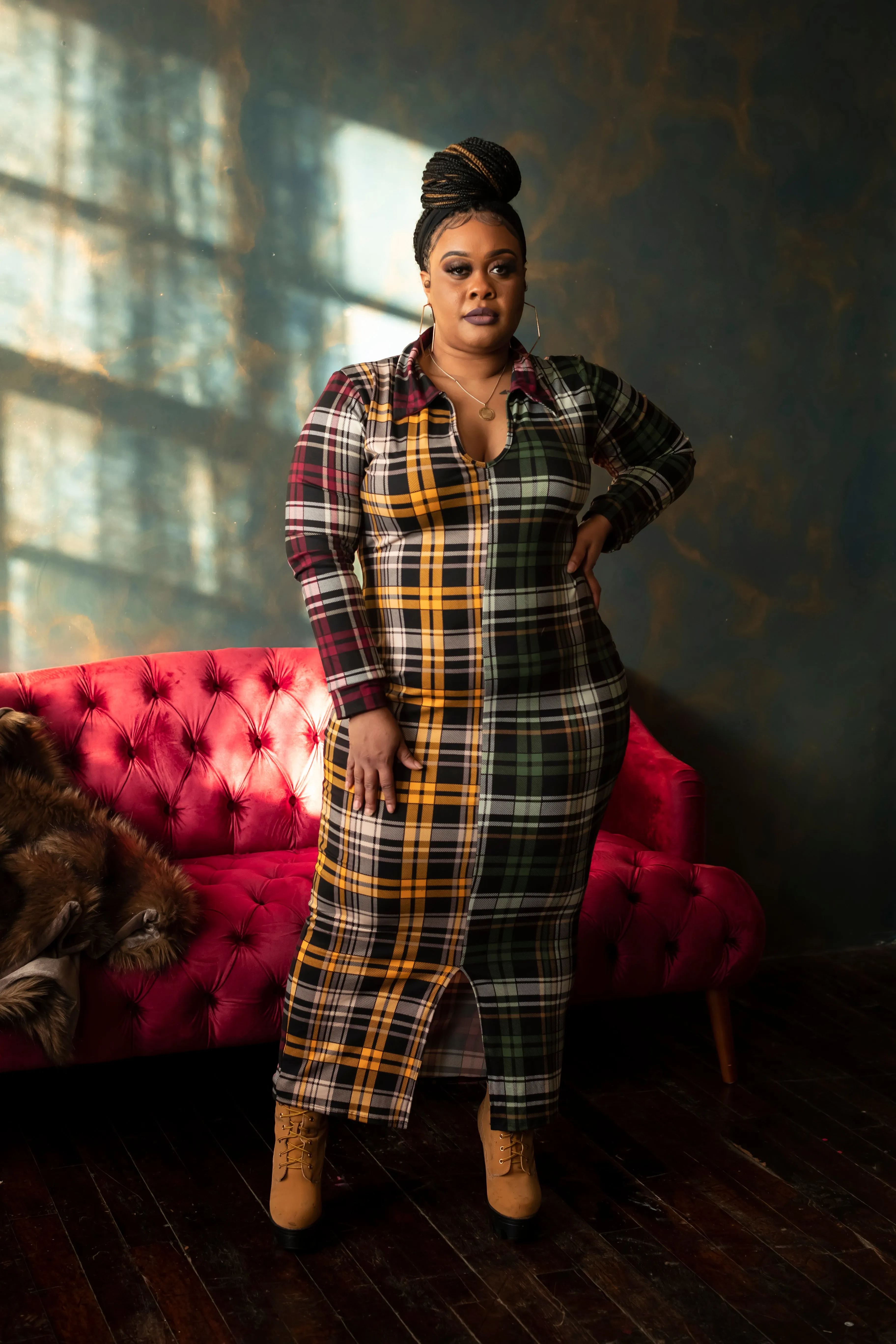 Plaid multicolored long sleeve dress (plus size)