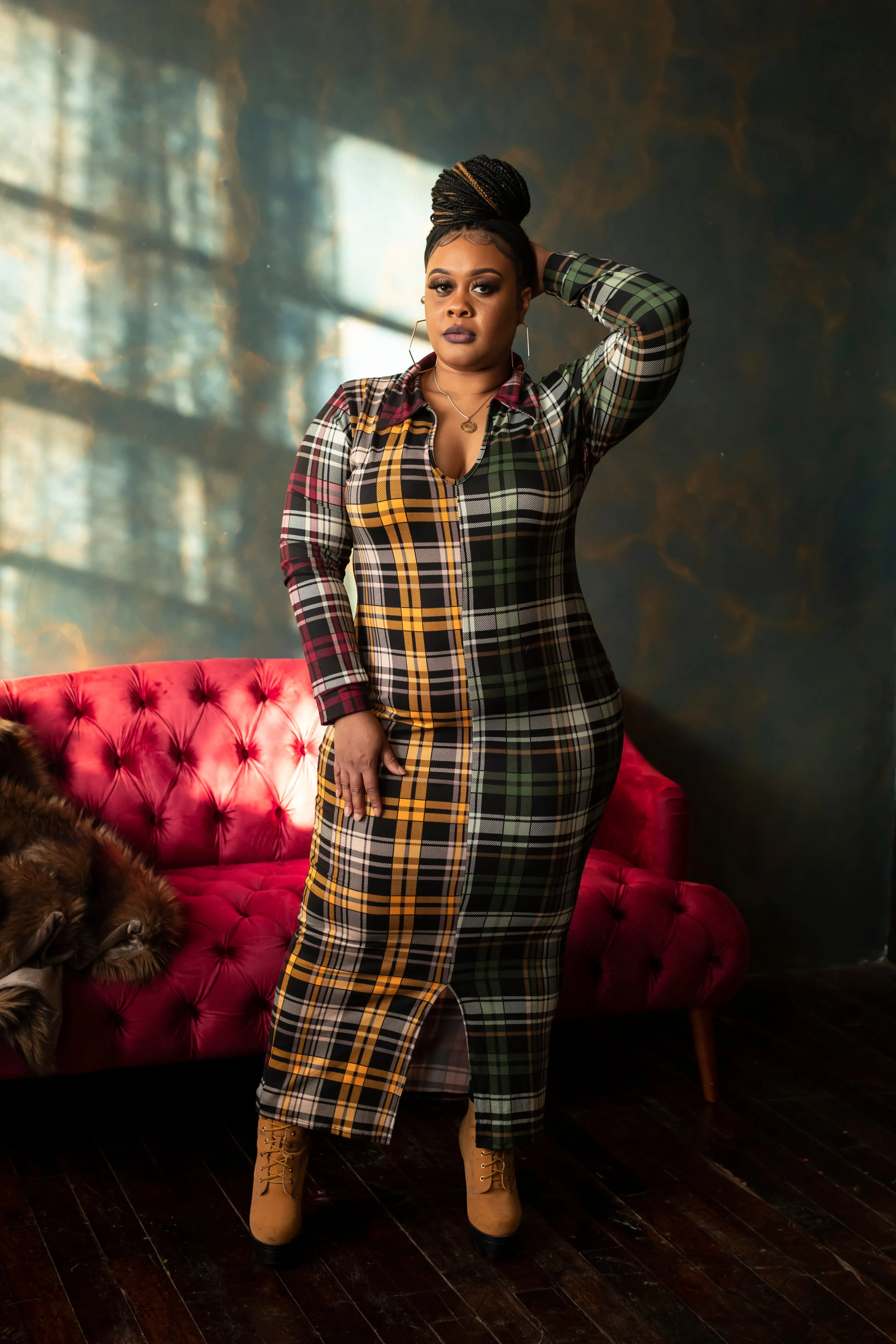 Plaid multicolored long sleeve dress (plus size)