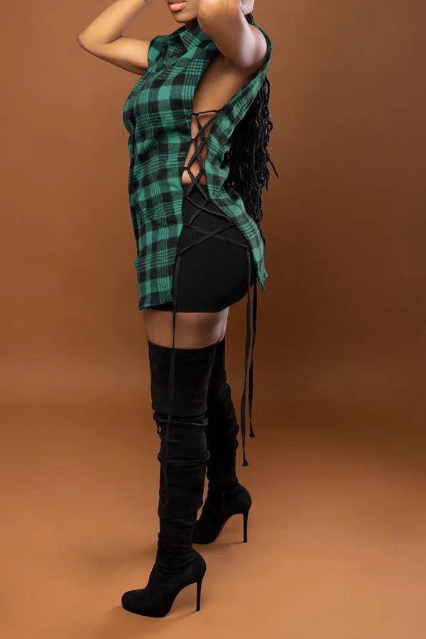 Plaid Shirt Collar Modern Strappy Cutout Pant Suit