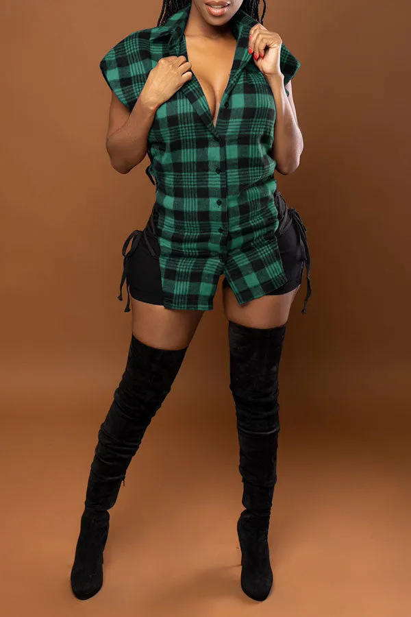Plaid Shirt Collar Modern Strappy Cutout Pant Suit