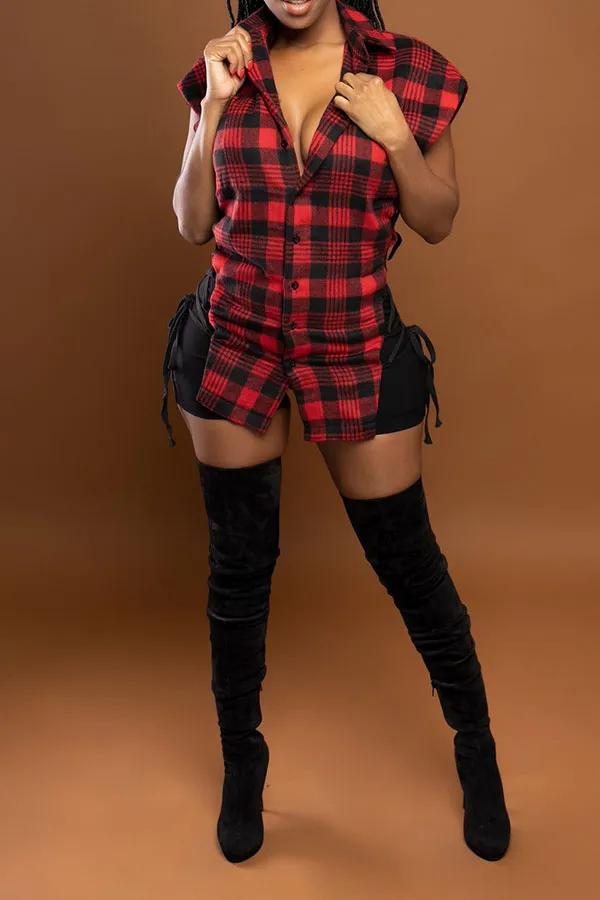 Plaid Shirt Collar Modern Strappy Cutout Pant Suit