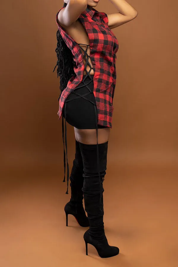 Plaid Shirt Collar Modern Strappy Cutout Pant Suit
