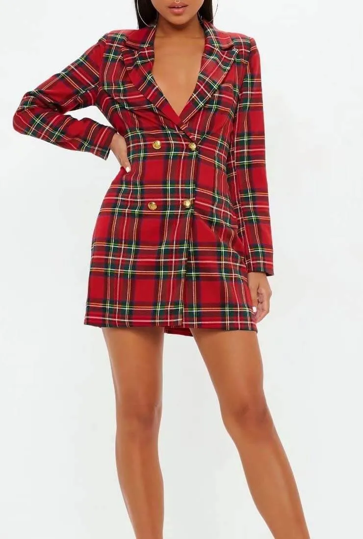 Plaid V-neck Long Sleeve Mini Dress
