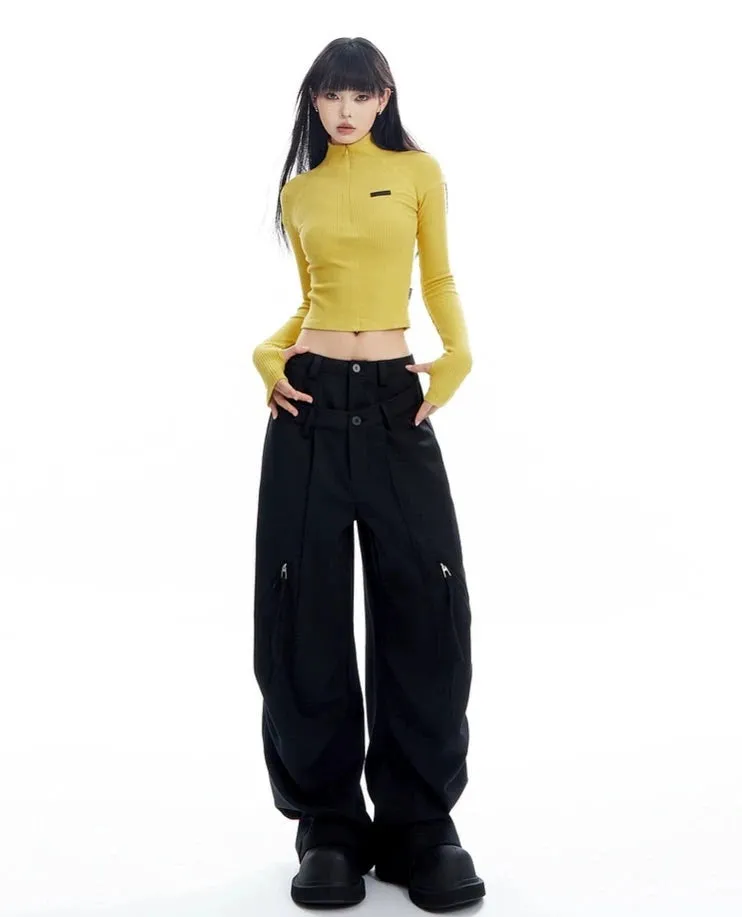 Plaid Wide Leg Zip-Pocket Pleated Trousers