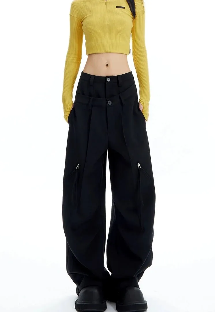 Plaid Wide Leg Zip-Pocket Pleated Trousers
